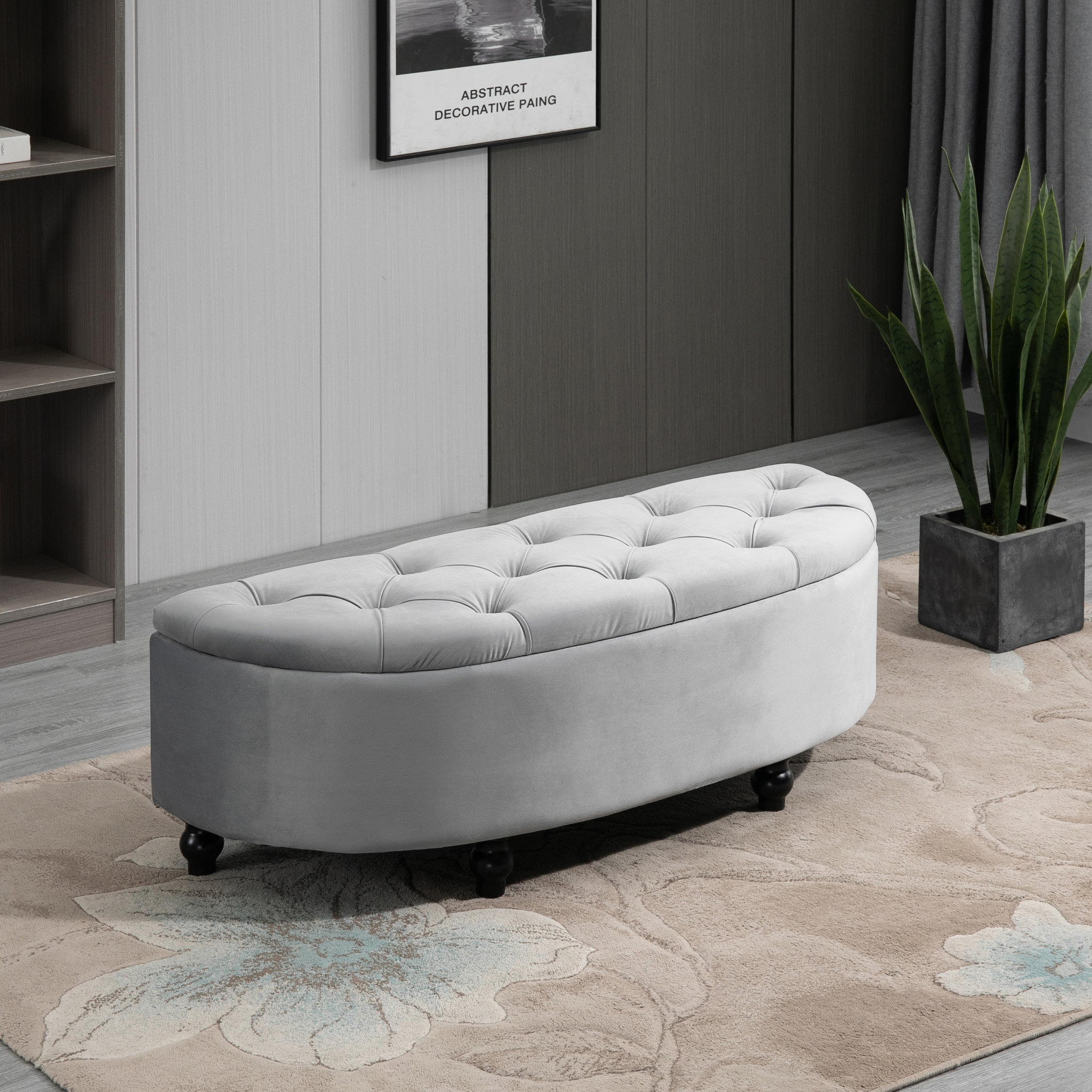 Voir la diapositive 2 : HOMCOM Pouf de rangement coffre 2 en 1 - pouf design classique chic capitonné demi-cercle - pieds bois hévéa noir revêtement velours gris
