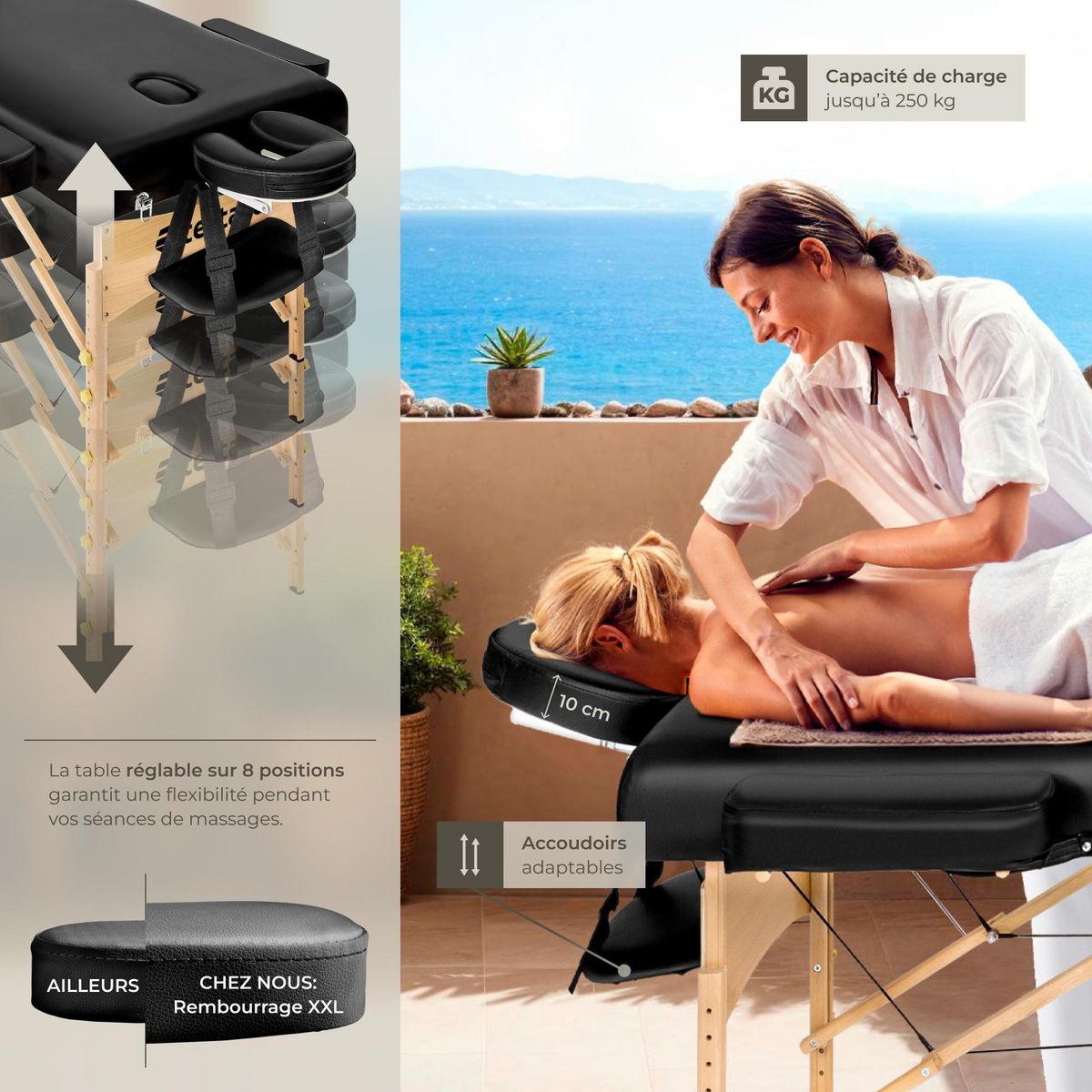 tectake Set de tables de massage portable pliante à 3 zones largeur 70 cm et rembourrage de 10 cm noir