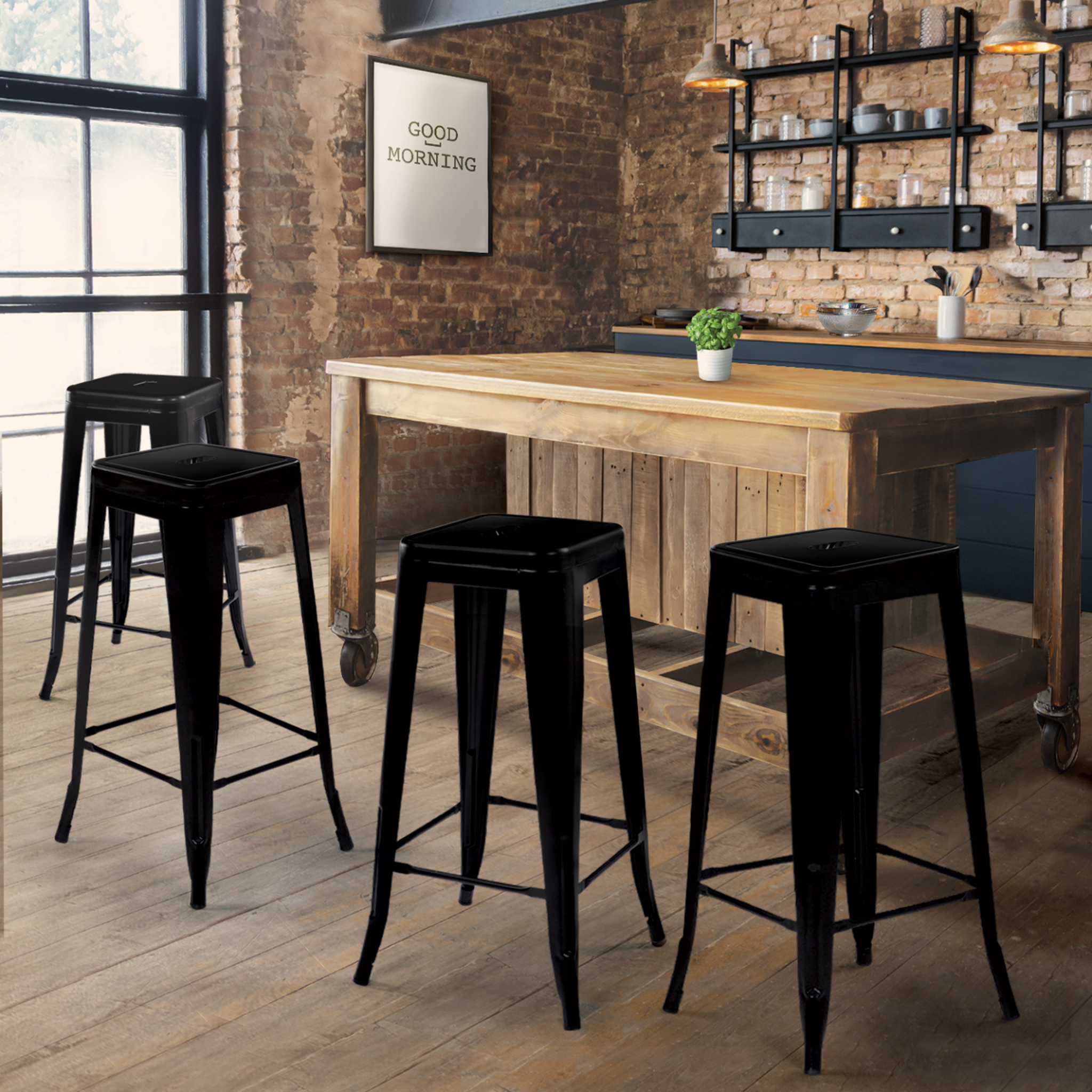 Voir la diapositive 2 : ID MARKET Lot de 4 tabourets de bar leny métal noir mat empilable aspect brut factory