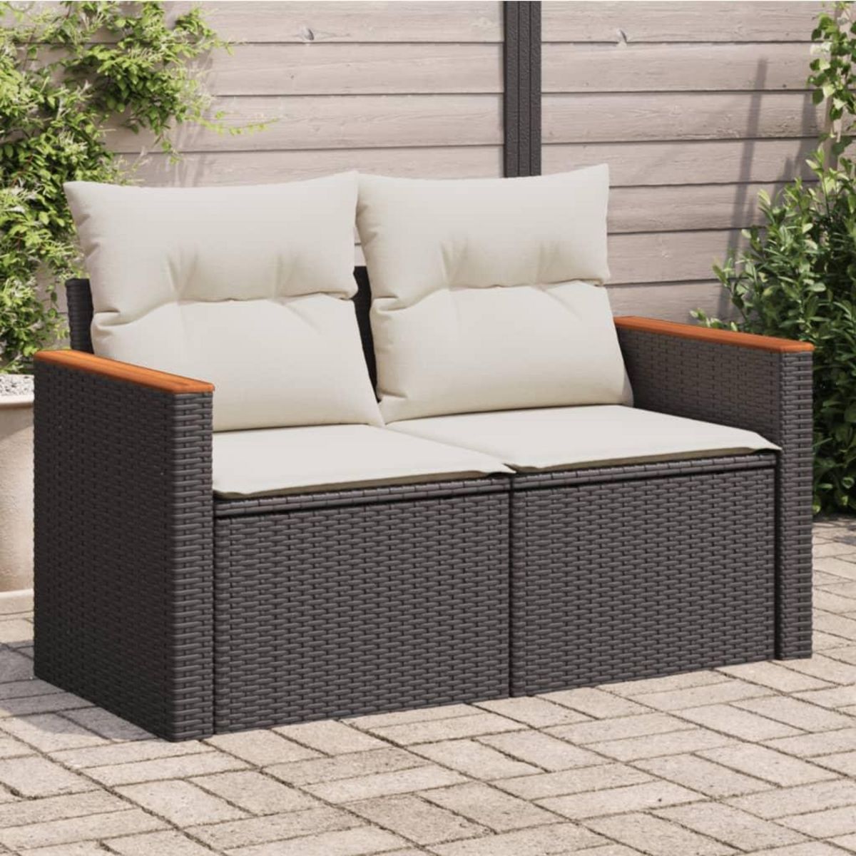 VIDAXL Canape de jardin avec coussins 2 places noir resine tressee