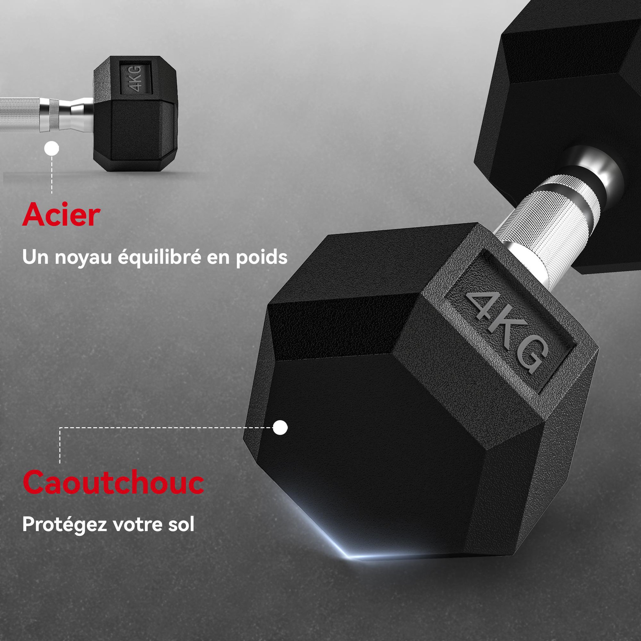 Voir la diapositive 6 : HOMCOM Lot de 2 haltères courtes hexagonales - ensemble d'haltères courtes - total 8 kg - métal caoutchouc noir