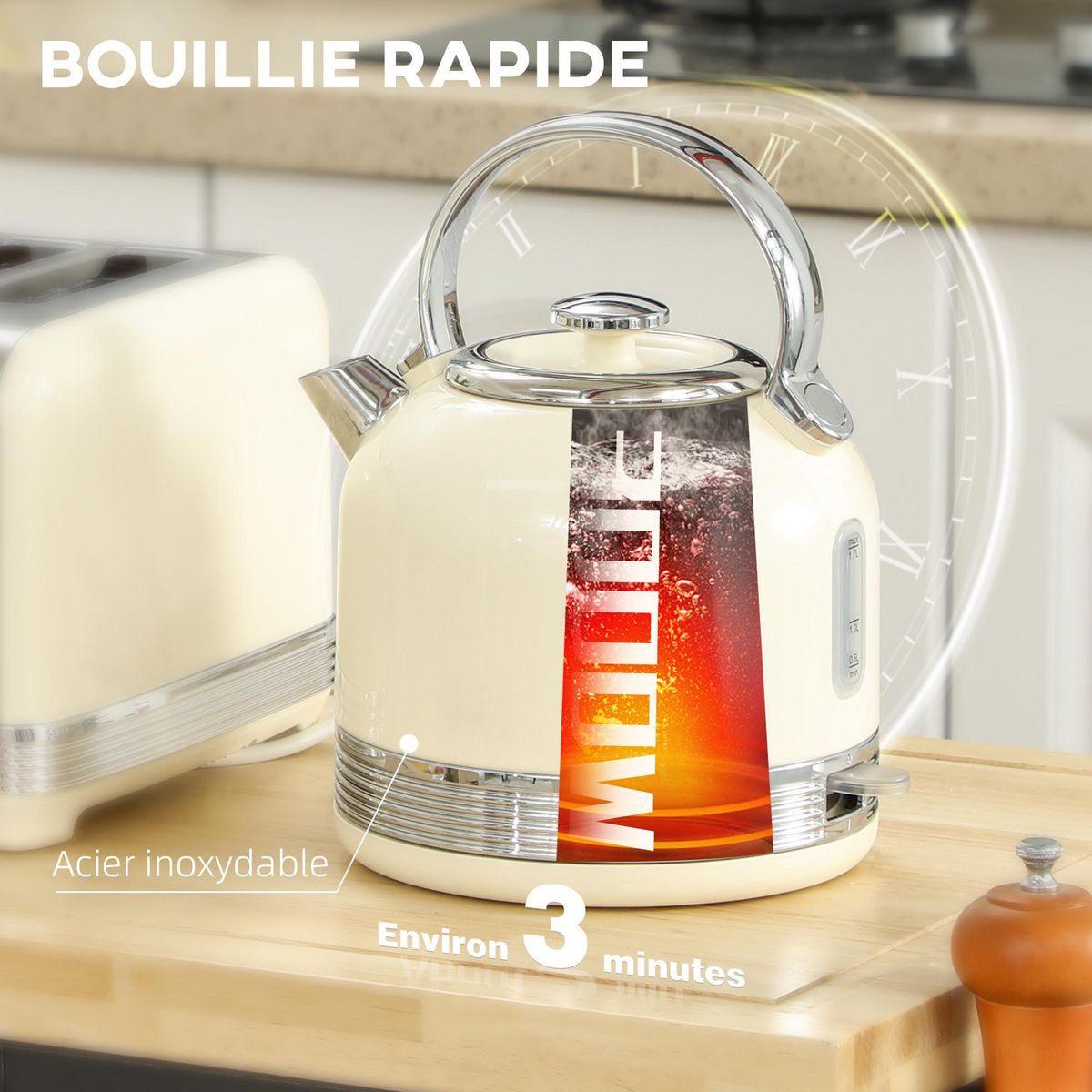 HOMCOM Ensemble bouilloire et grille-pain Vintage - 1,7L 2200W - 4 tranches, brunissage 7 niv. - crème