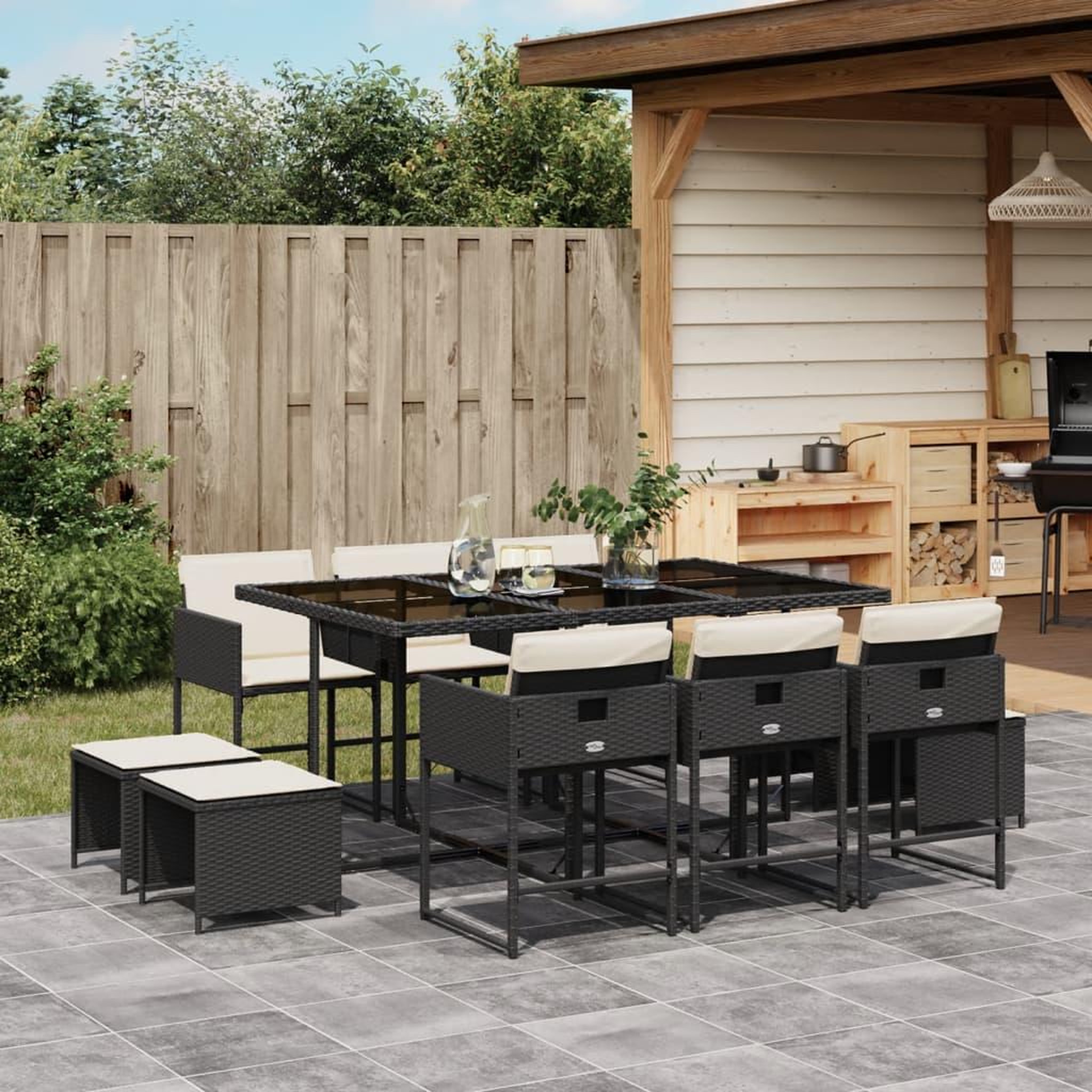 VIDAXL Ensemble a manger de jardin 11 pcs coussins noir resine tressee
