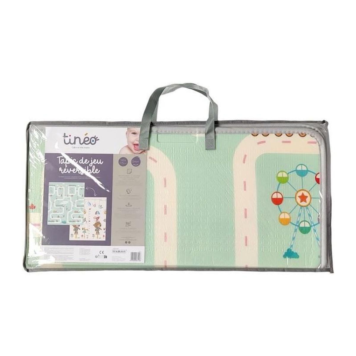 TINEO Maxi tapis d'éveil réversible - TINEO - 150 x 180 cm - Facade animaux / Circuit de voitures