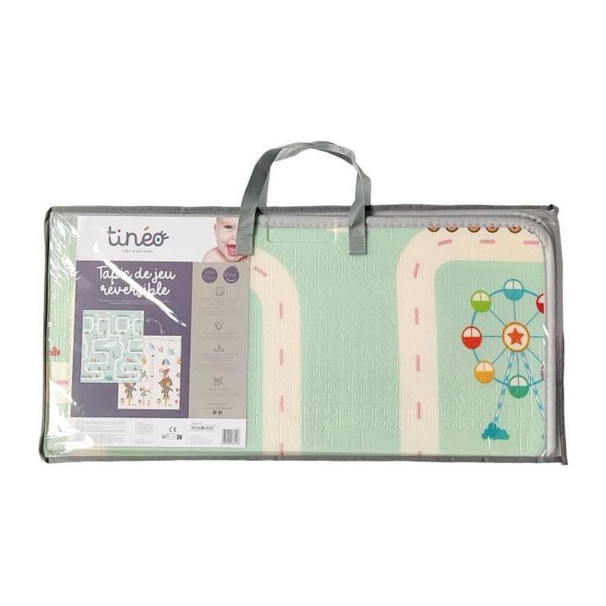 TINEO Maxi tapis d'éveil réversible - TINEO - 150 x 180 cm - Facade animaux / Circuit de voitures