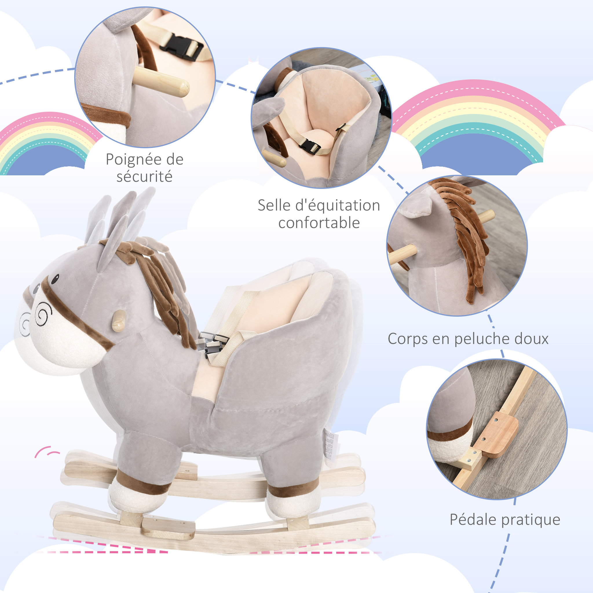 Voir la diapositive 4 : HOMCOM Cheval à bascule modèle âne fonction musicale selle grand confort peluche courte douce bois peuplier gris dim. 61L x 34l x 58H cm