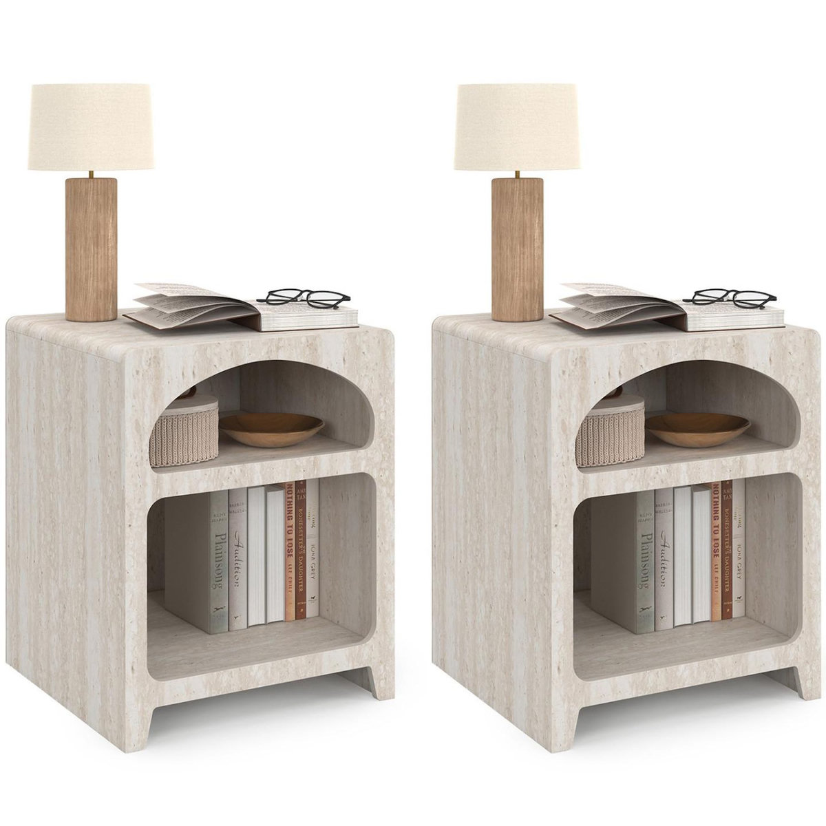 ID MARKET Lot de 2 tables de chevets organiques ALESIA beige effet marbre 2 compartiments