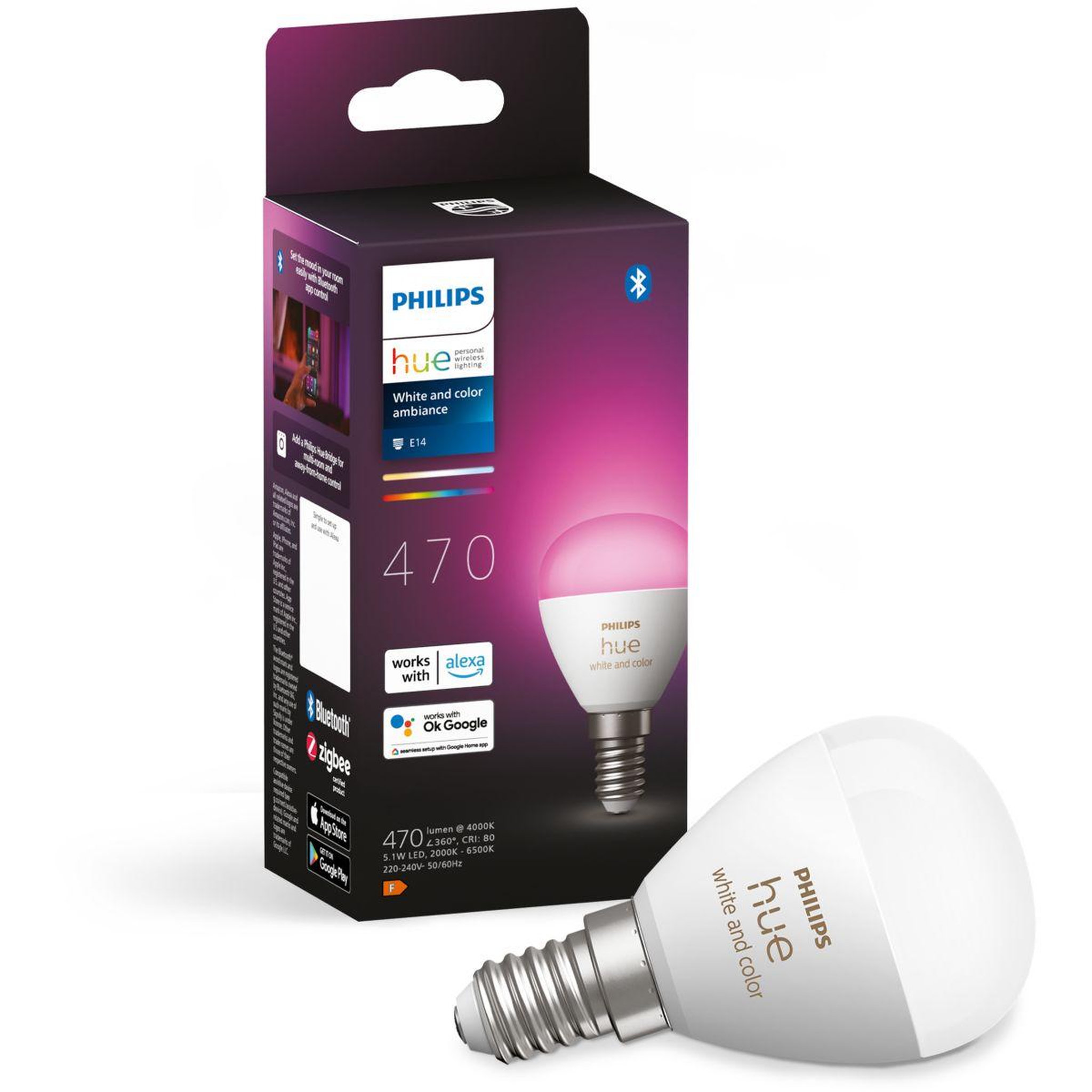 Voir la diapositive 2 : Philips Ampoule LED connectée HUE W&C E14 Luster 5.1W