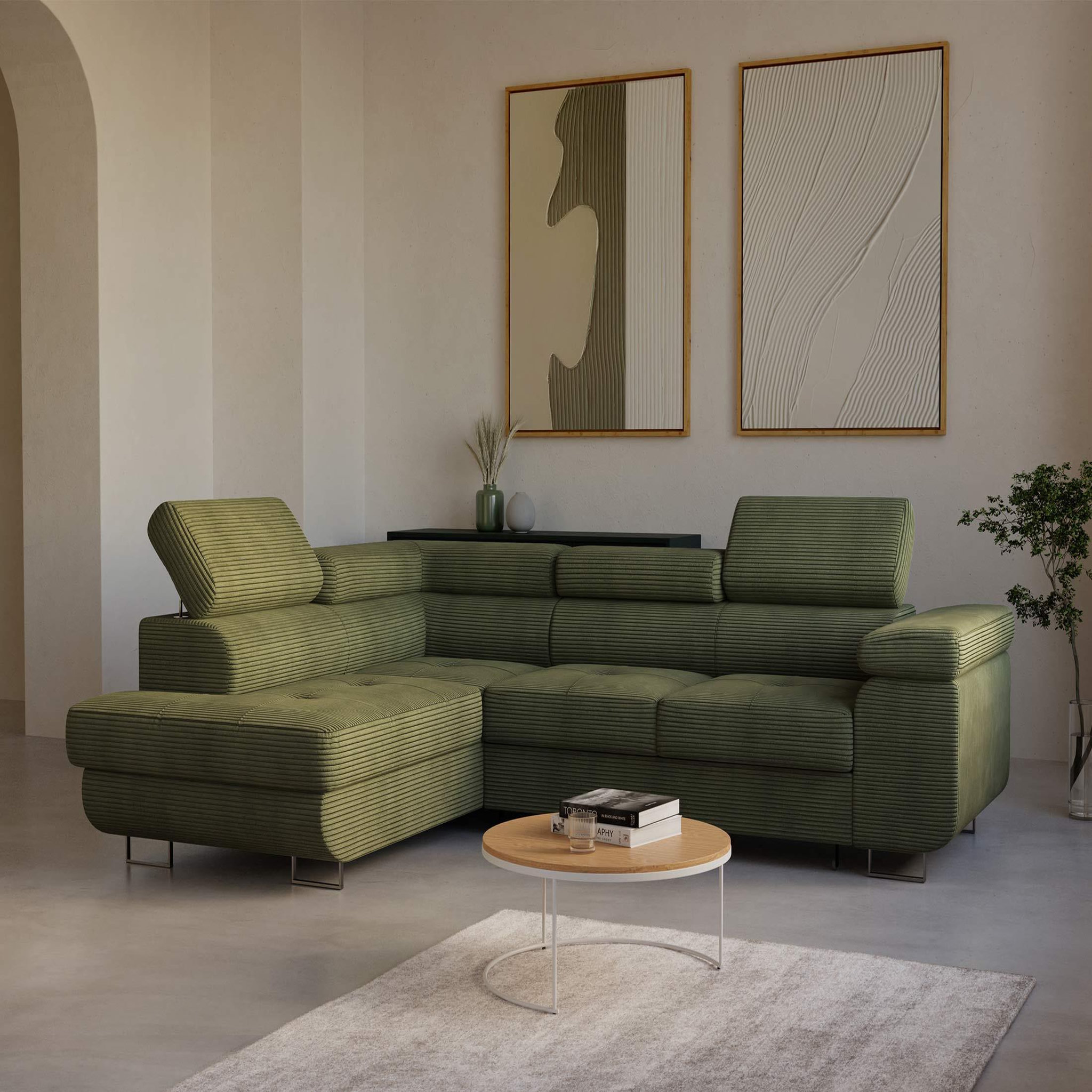 BEST MOBILIER Zaria - canapé d'angle gauche - convertible avec coffre et têtières réglables - 5 places - en velours côtelé. Coloris disponibles : Beige, Noir, Gris, Bleu, Vert, Orange
