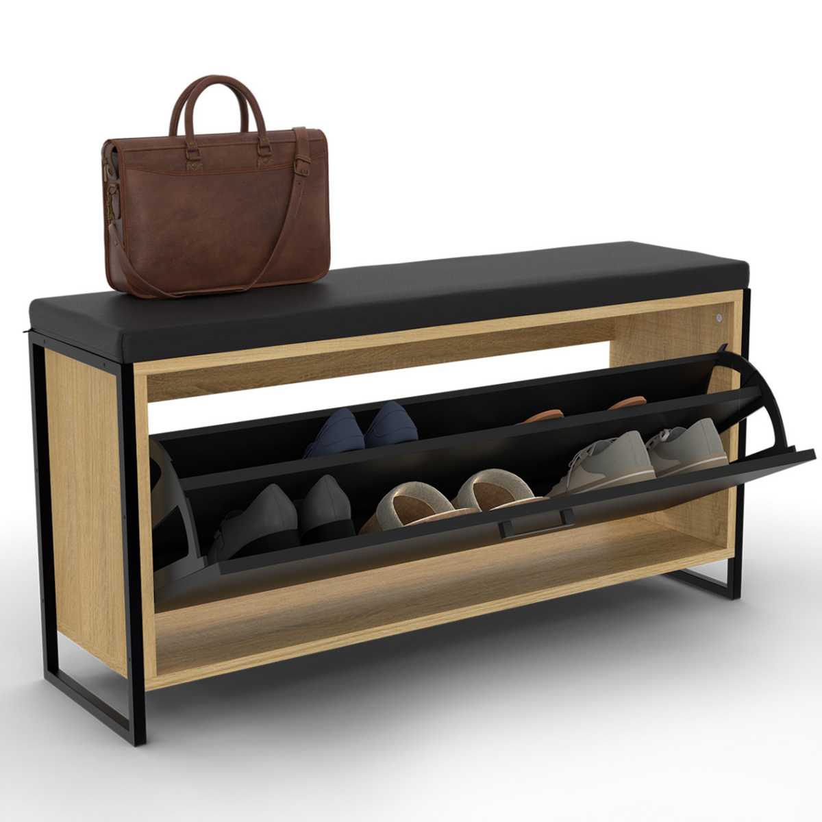ID MARKET Banc d'entrée BOSTON avec coussin et rangement chaussures noir 100 cm design industriel
