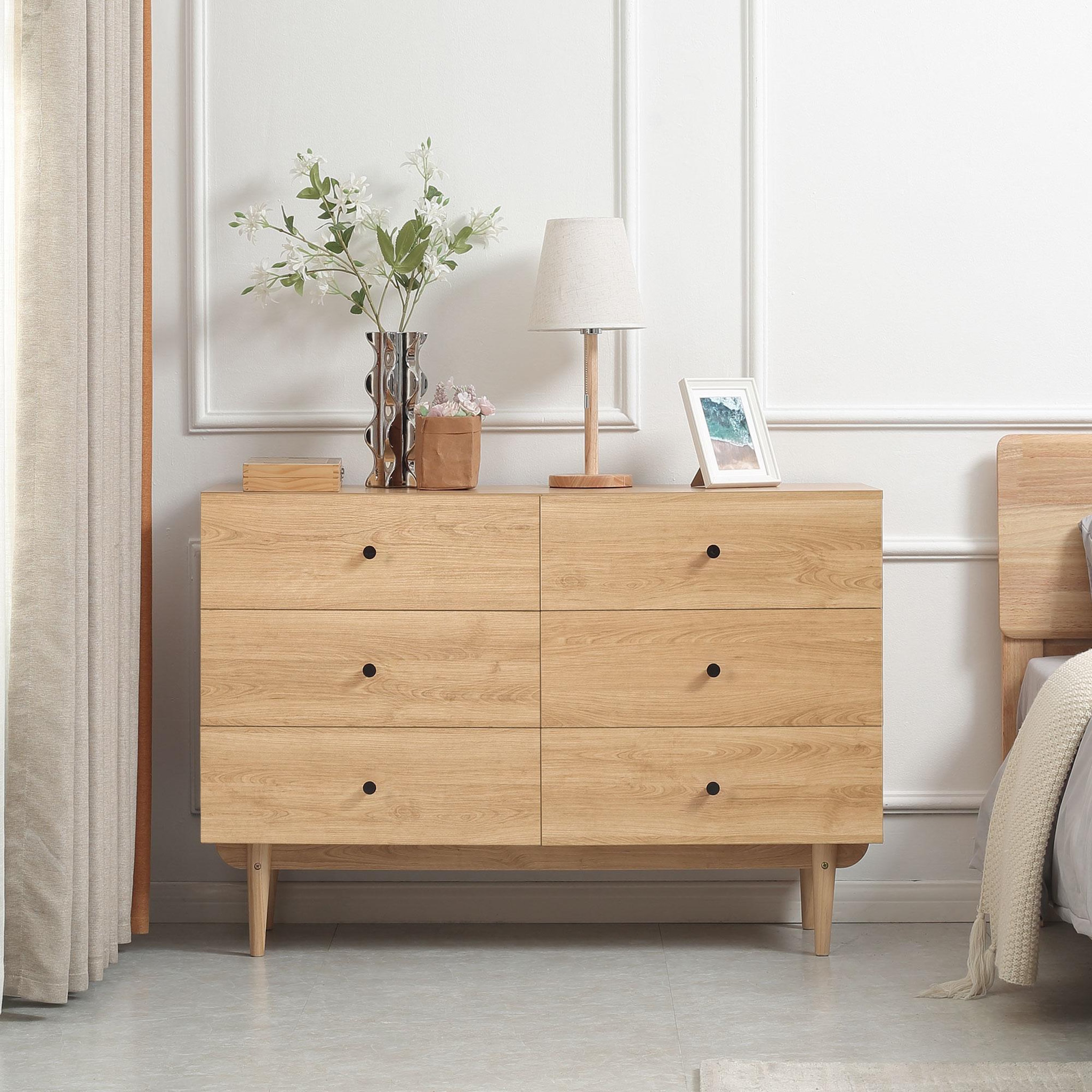 Voir la diapositive 2 : HOMCOM Commode vintage 6 tiroirs coulissants piètement bois de pin panneaux aspect bois de teck