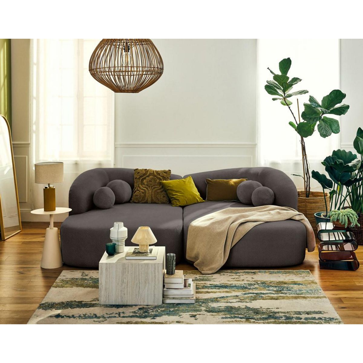 LISA DESIGN Charles - canapé droit 4 places avec double méridienne - assise profonde - en velours texturé