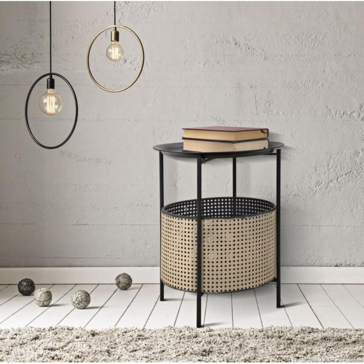 Paris Prix Table d'Appoint Effet Cannage  Osaka  50cm Noir & Naturel