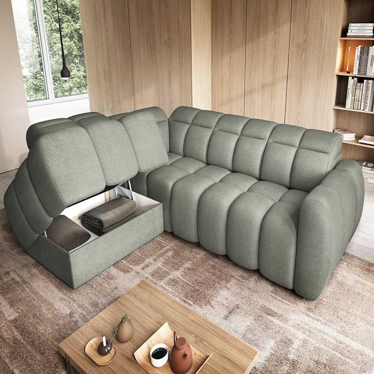 BEST MOBILIER Basile - canapé d'angle gauche 4 places assise extensible électrique avec coffre en tissu texturé