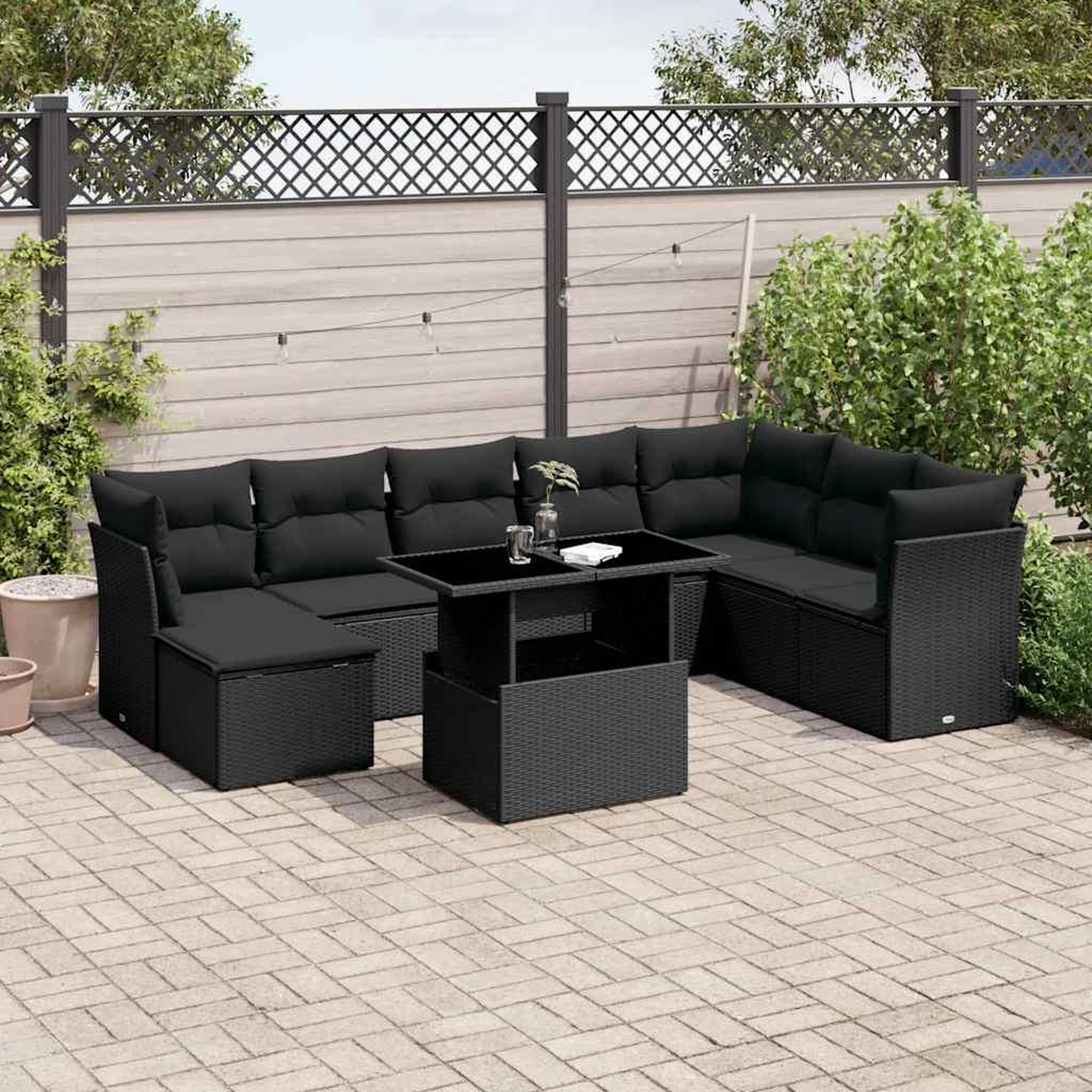 VIDAXL Salon de jardin 9 pcs avec coussins noir resine tressee