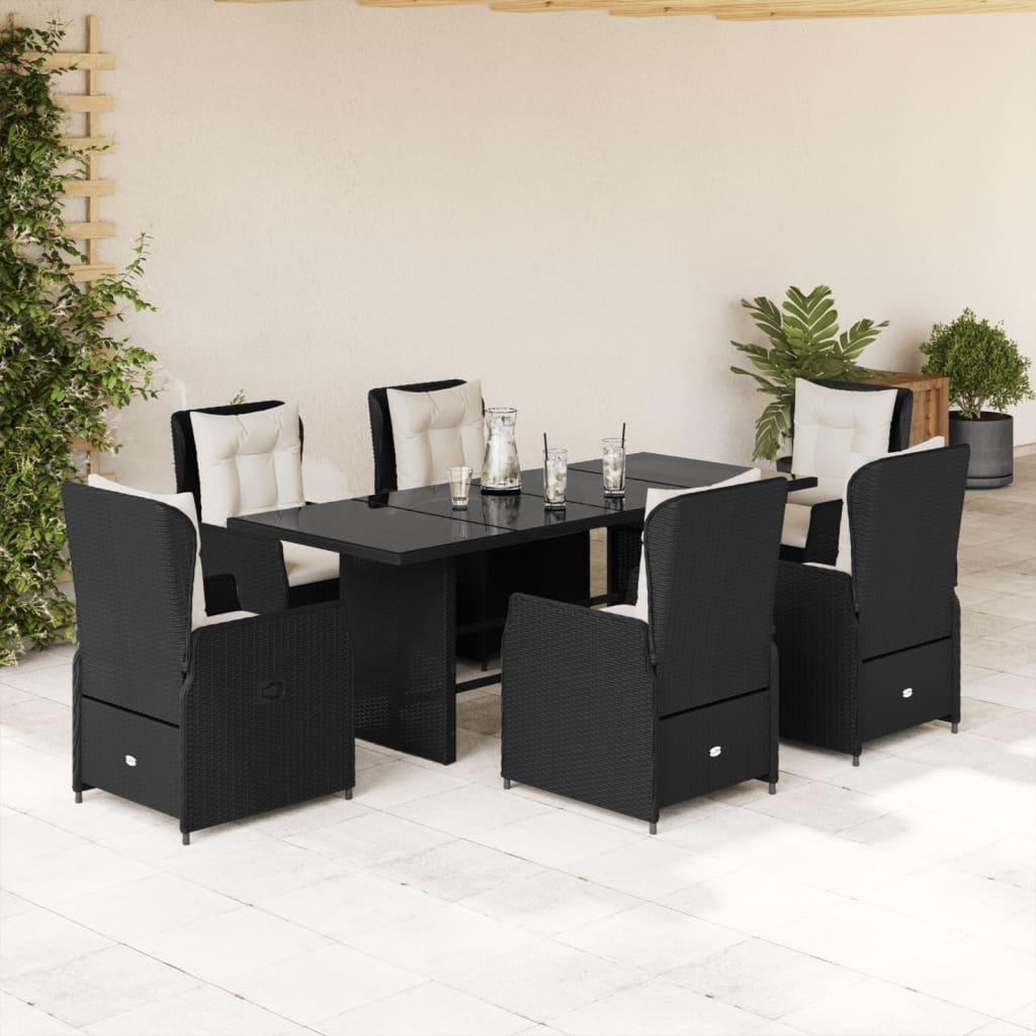 VIDAXL Ensemble a manger de jardin coussins 7pcs Noir Resine tressee