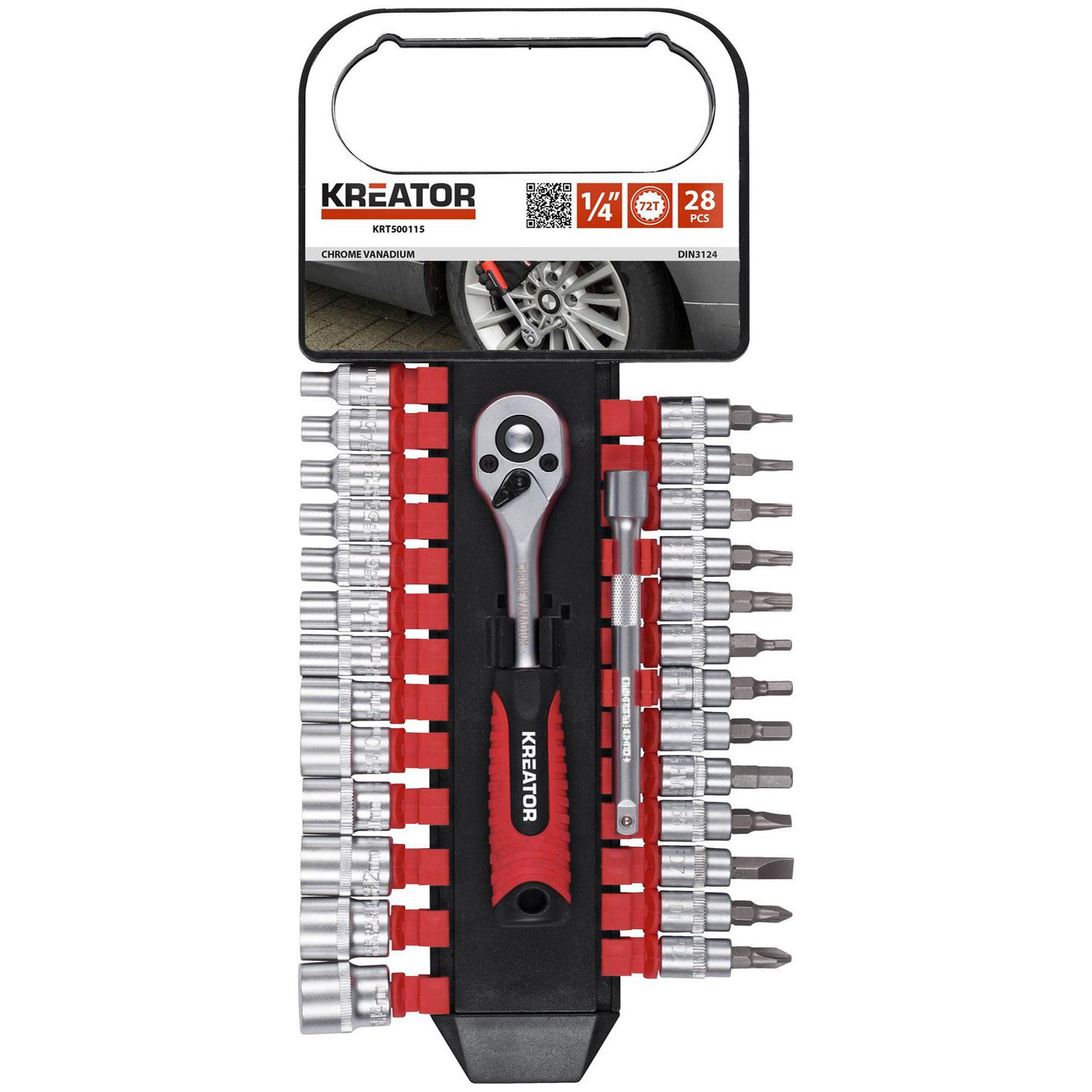 Voir la diapositive 2 : KREATOR Coffret embouts et douilles 1/4 Kreator  28pcs