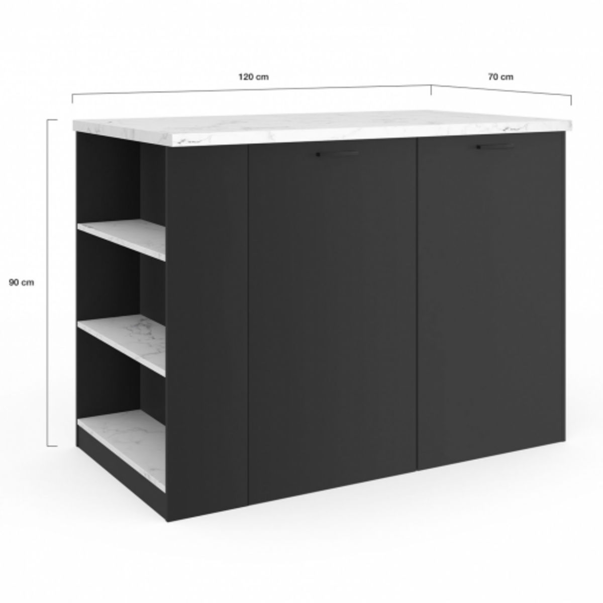 ID MARKET Ilot central TIBO 120 cm bois noir avec plan de travail effet marbre ALASKA