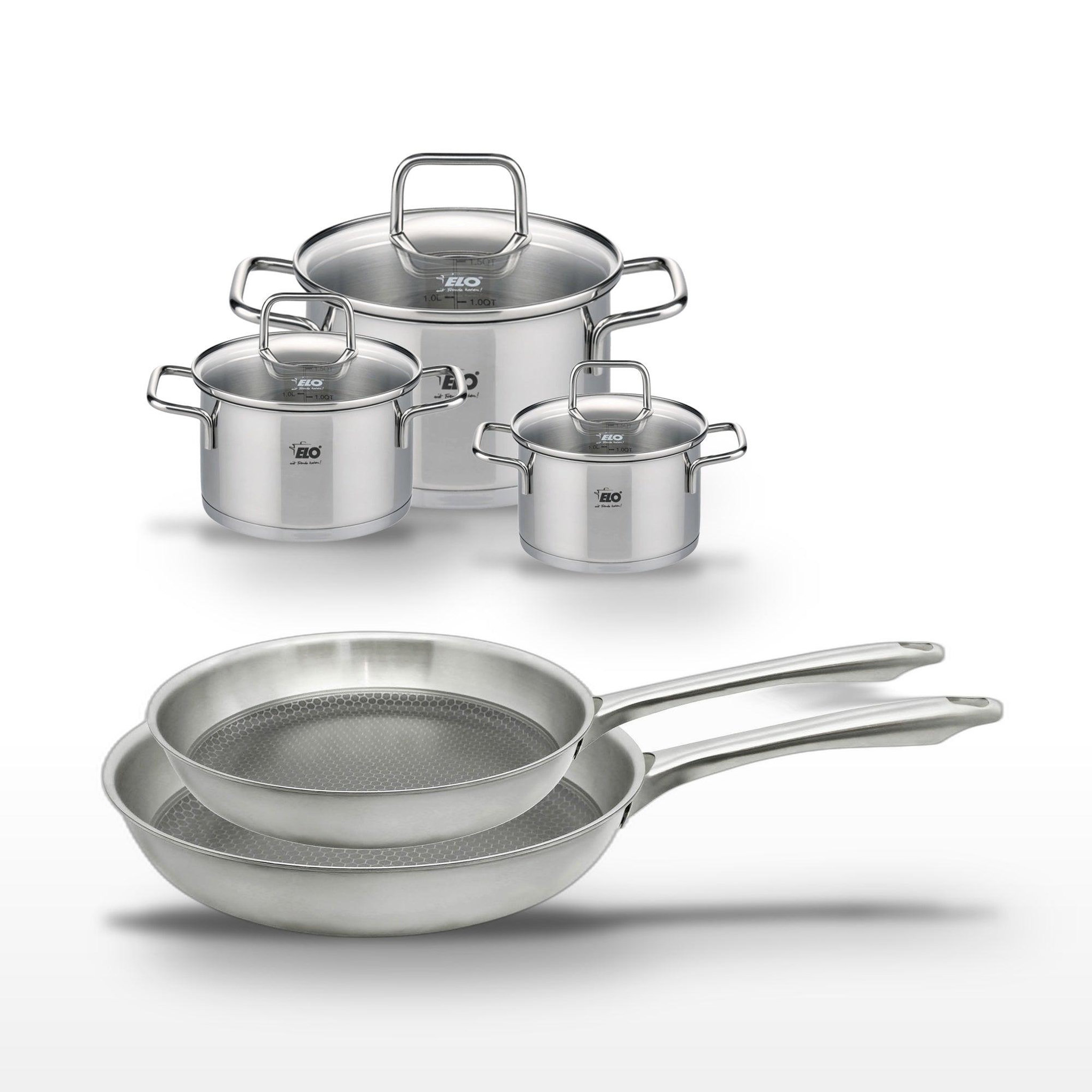 ELO Lot de 2 poêles 24/28 cm elo relief passion et 3 faitouts 12/14/20 cm elo citrin