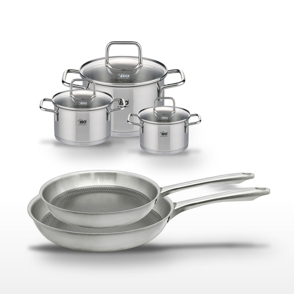 ELO Lot de 2 poêles 24/28 cm Elo Relief Passion et 3 faitouts 12/14/20 cm Elo Citrin