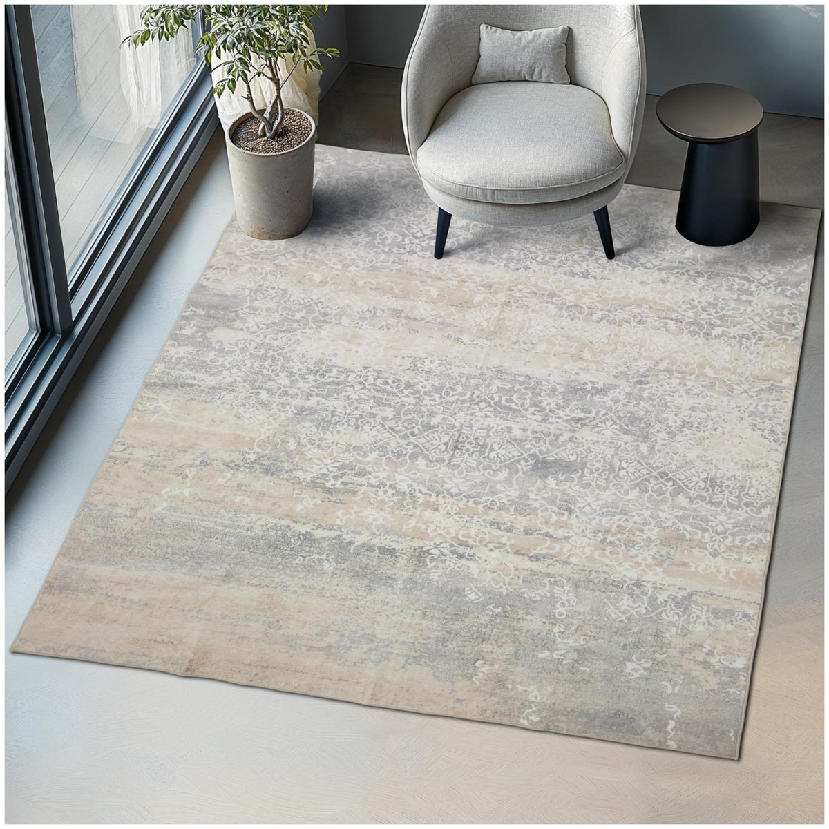tectake Tapis design vintage à poils courts en laine synthétique et feutre beige 200 x 274 cm
