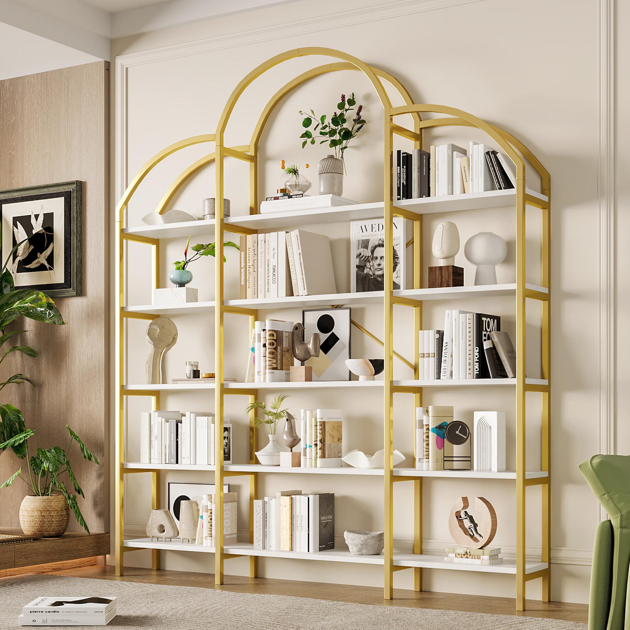 Voir la diapositive 4 : MERAX Bibliothèque blanc+doré 5 étagère(s) - 170x190 cm mdf et métal