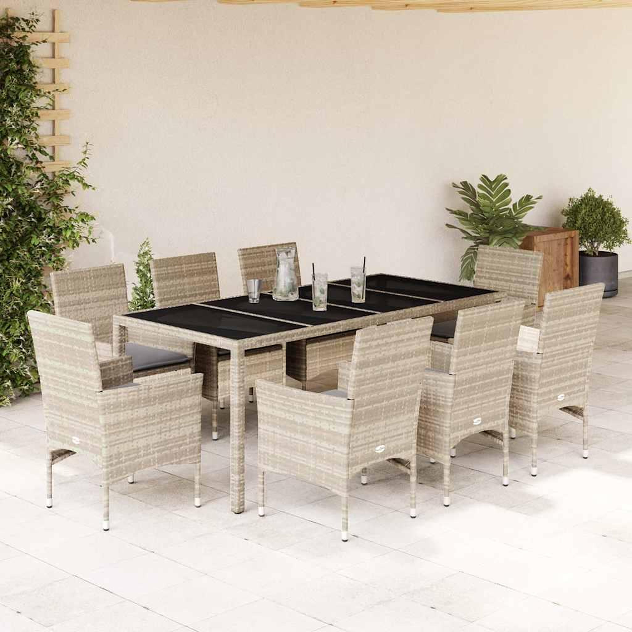 Voir la diapositive 1 : VIDAXL Ensemble a manger de jardin avec coussins 9 pcs rotin et verre