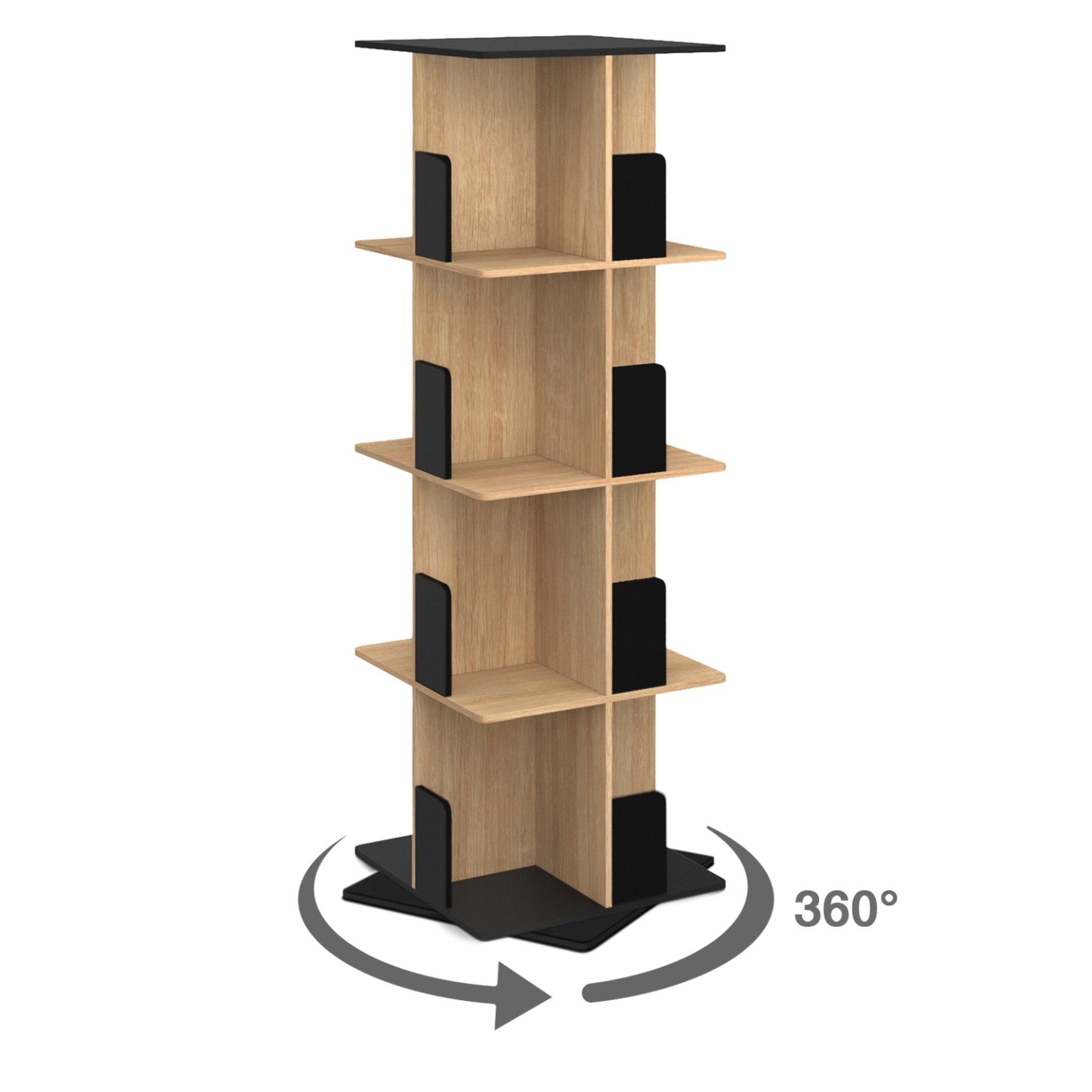 Voir la diapositive 3 : ID MARKET Etagère bibliothèque rotative 4 niveaux RAPHA noir et effet bois