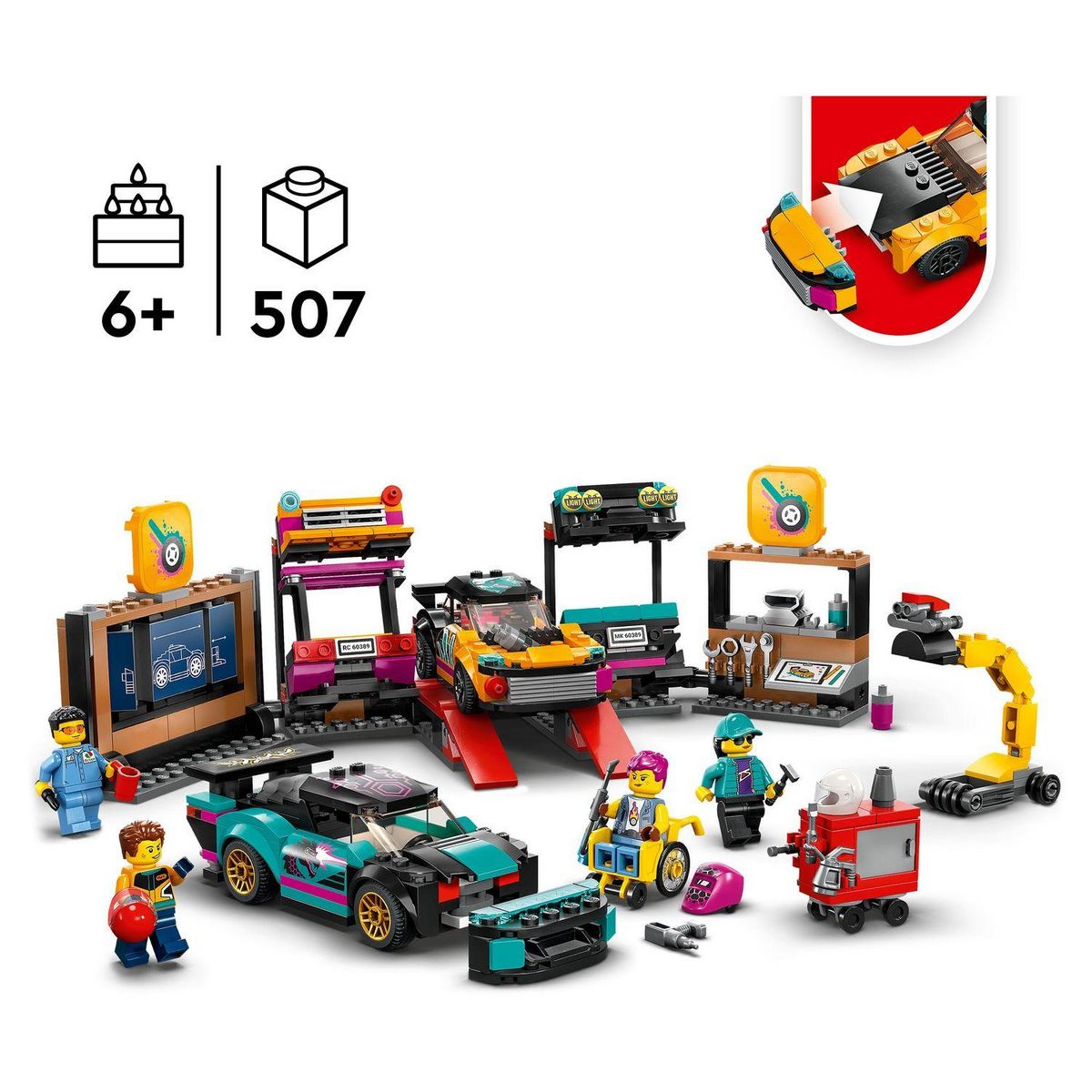 LEGO City 60389 Le garage de customisation, Jouet avec 2 Voitures, Atelier Automobile et 4 Minifigurines