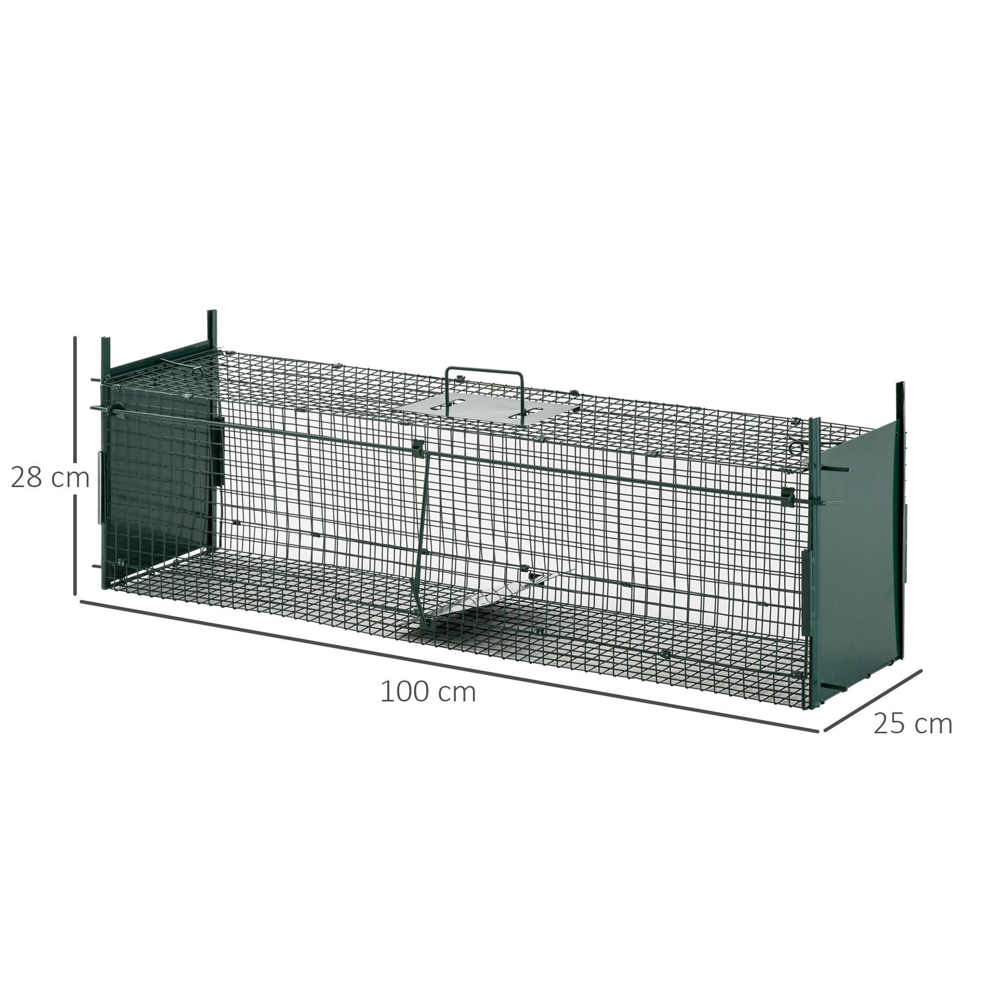 Voir la diapositive 3 : PAWHUT Piège de capture pour petits animaux type lapin rat - 2 entrées + poignée - dim. 100L x 25l x 28H cm - métal vert