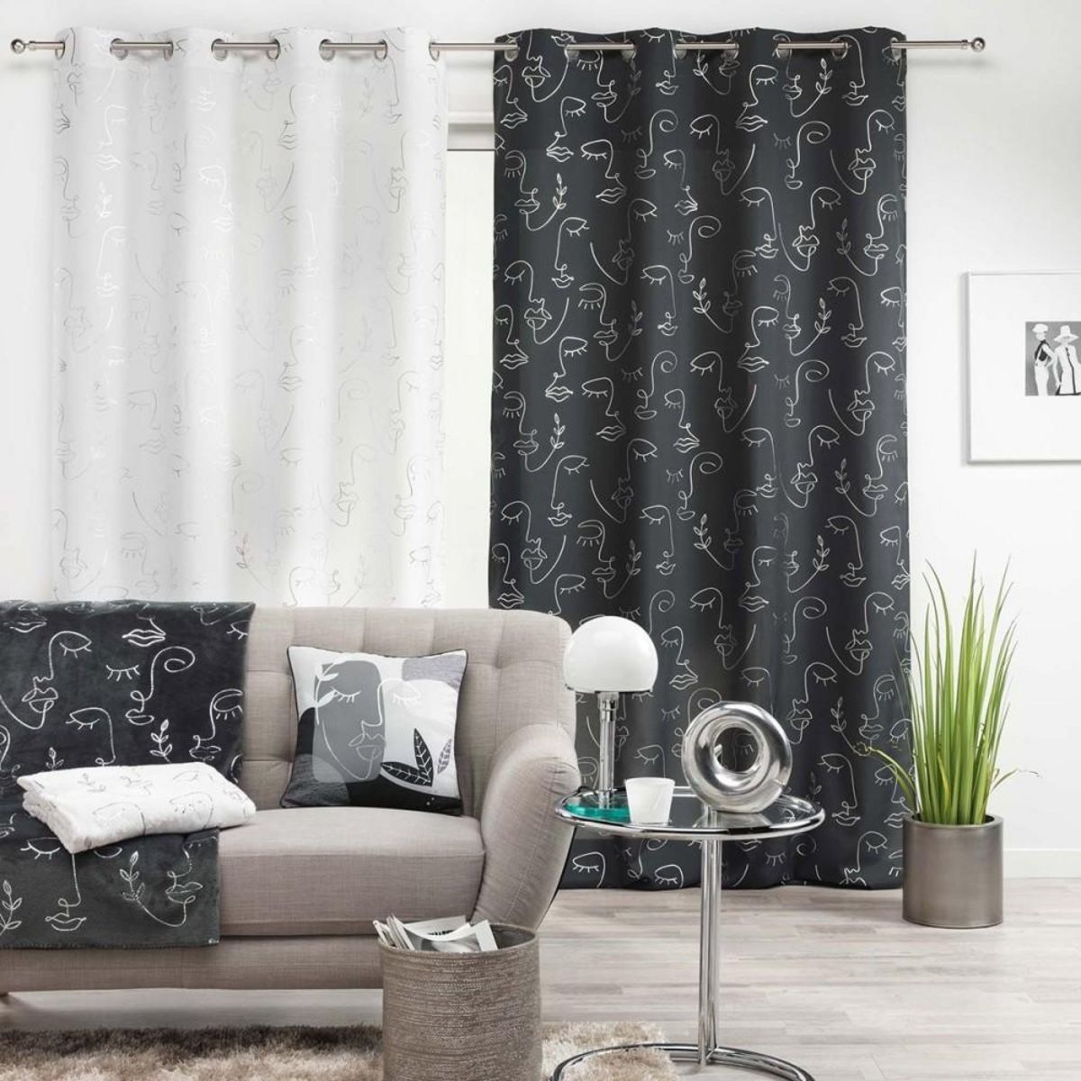 Douceur d'Intérieur Rideau à œillets 140x260 métallisé Arty line anthracite argent