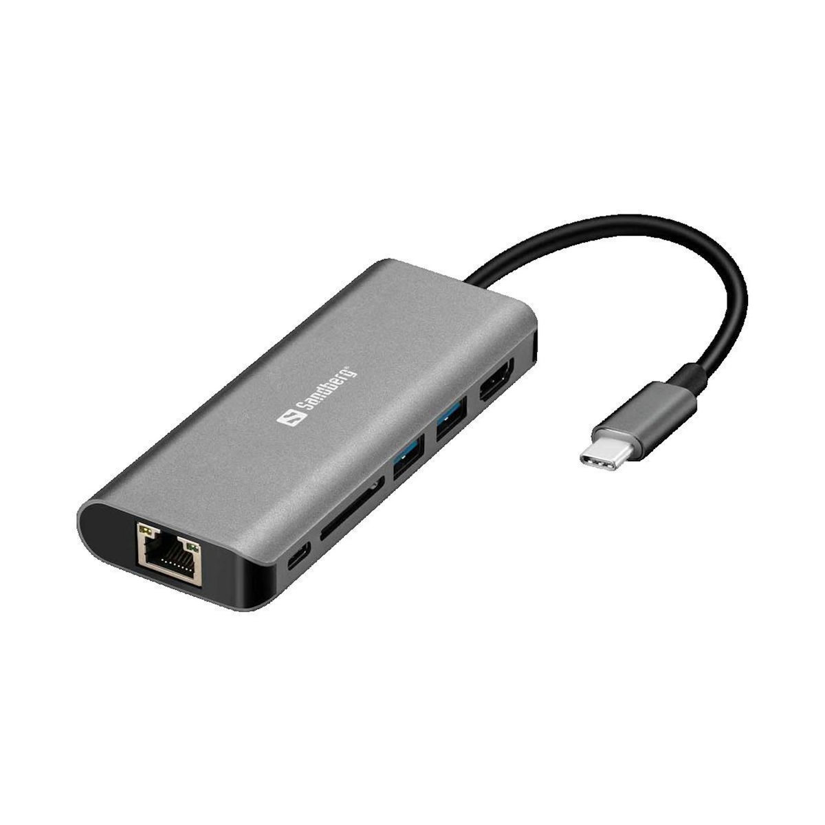 Sandberg Hub USB-C Sandberg 2 sorties HDMI, USB 3.0, RJ45, Lecteur carte SD Argent