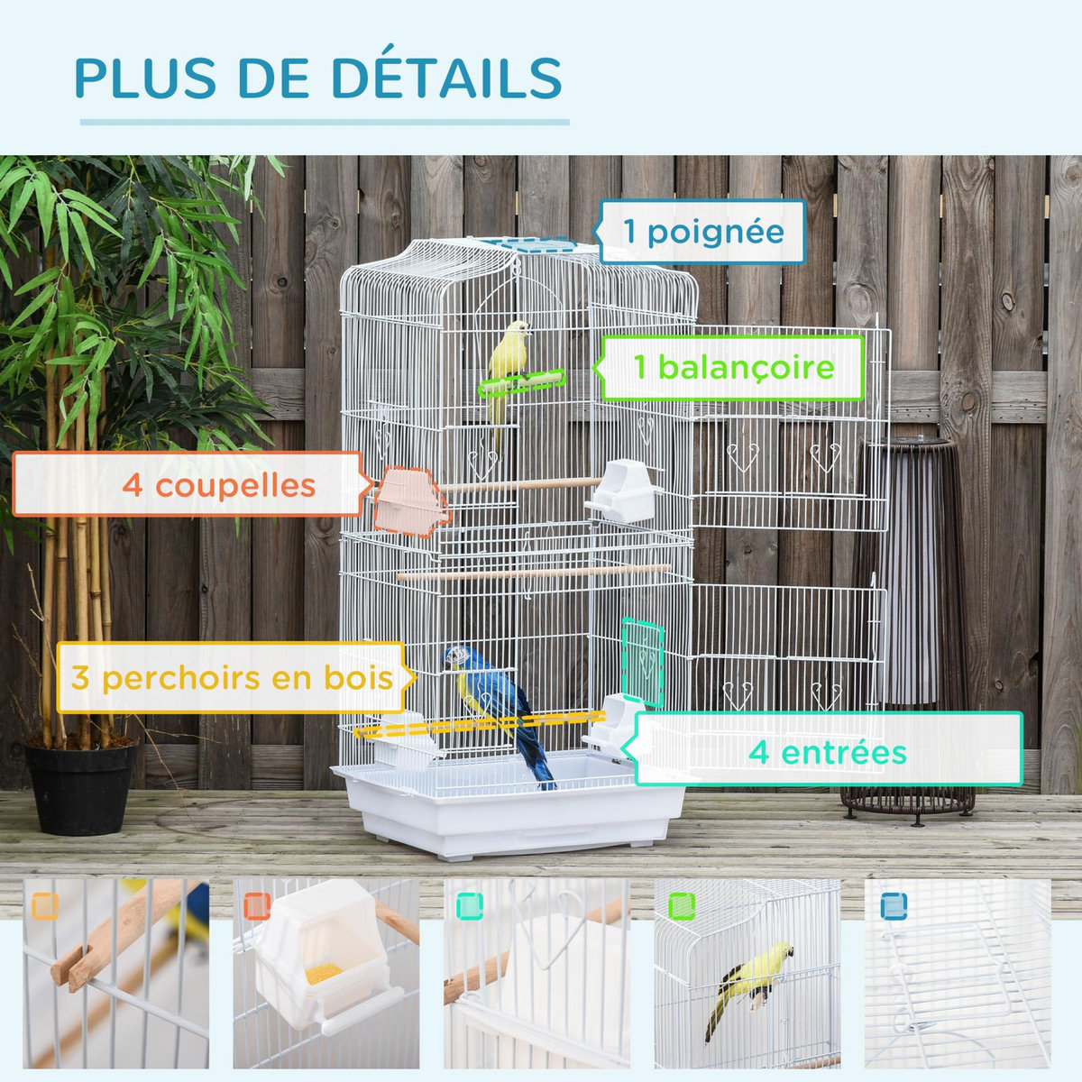 PAWHUT Cage à oiseaux volière avec mangeoires perchoirs plateau amovible 2 portes dim. 46,5L x 35,5l x 92H cm métal blanc