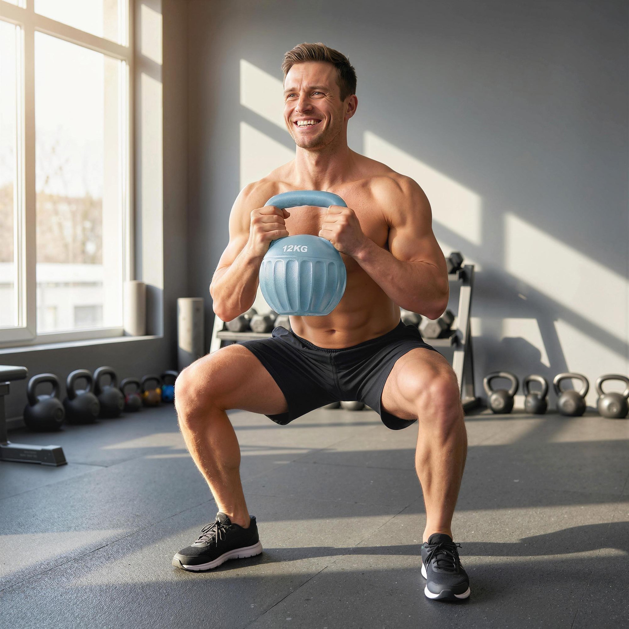 Voir la diapositive 4 : HOMCOM Kettlebell 12 kg - prise ergonomique - entraînement musculaire & haltérophilie - pp bleu ciel