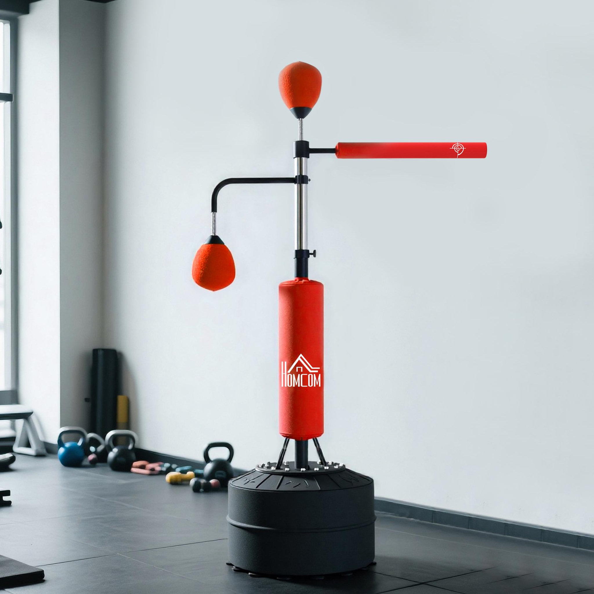 Voir la diapositive 2 : HOMCOM Sac de frappe boxe autoportant punching ball brunier 3 en 1 revêtement synthétique dim. 88l x 50l x 160-230h cm rouge