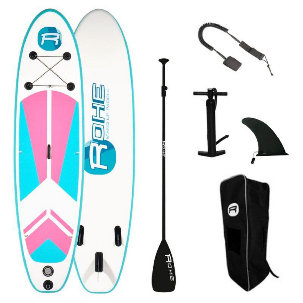 ROHE Stand Up Paddle Gonflable INDIANA PINK 9'9'' (297cm) 30'' (76cm) 4'' (10cm) avec Pompe, Pagaie, Leash et Sac de transport