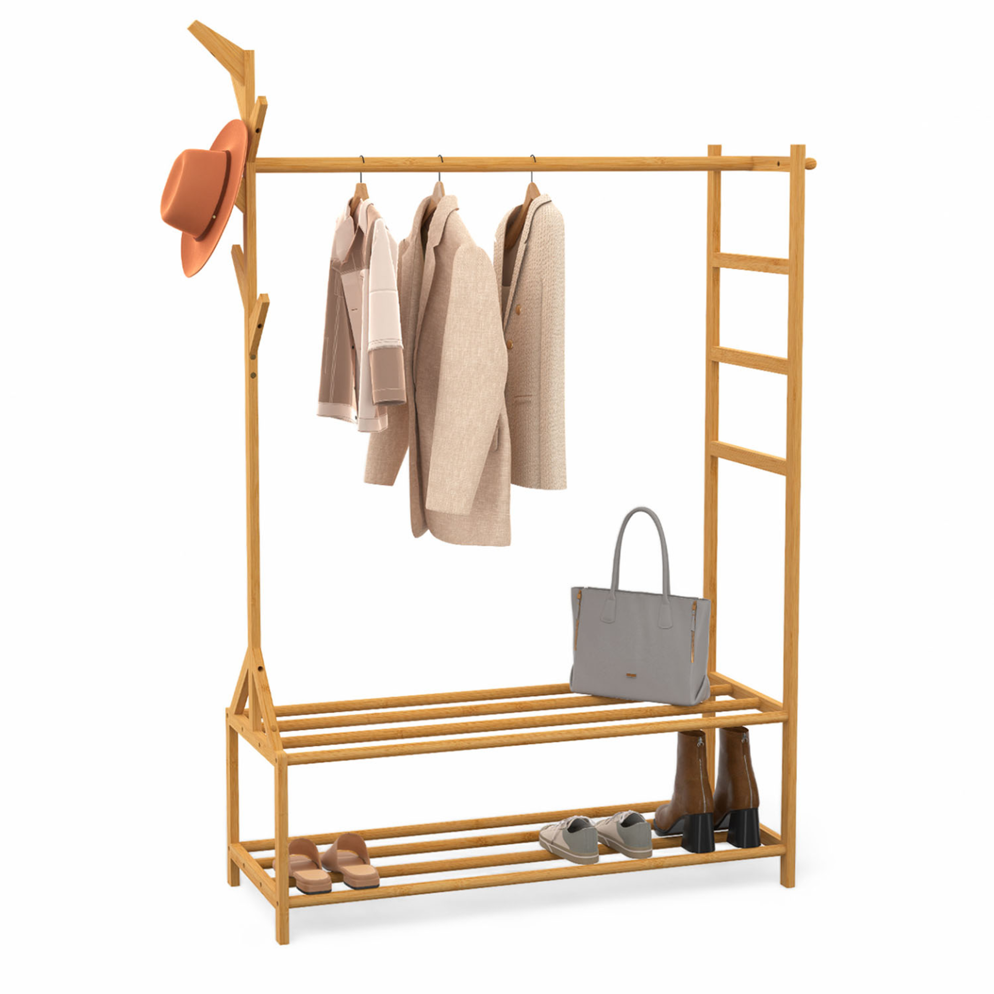 Voir la diapositive 1 : ID MARKET Portant vêtements bambou RITA avec porte-manteaux et étagères