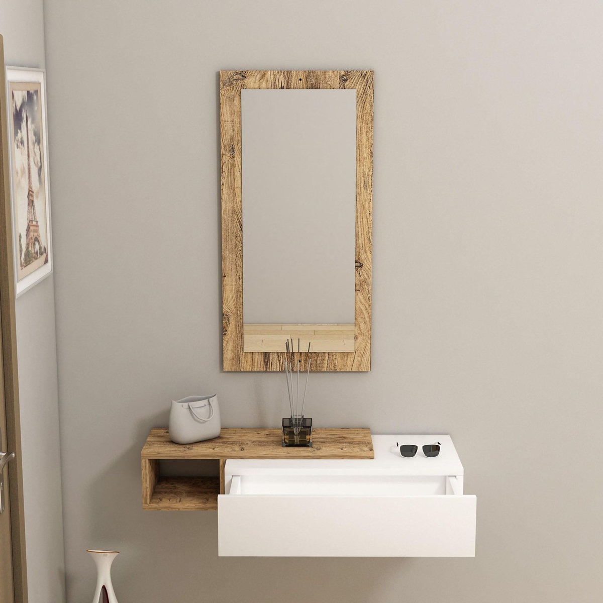 Habitat et Jardin Console avec miroir en bois  Vien   - 82 x 29 x 15 cm - Blanc