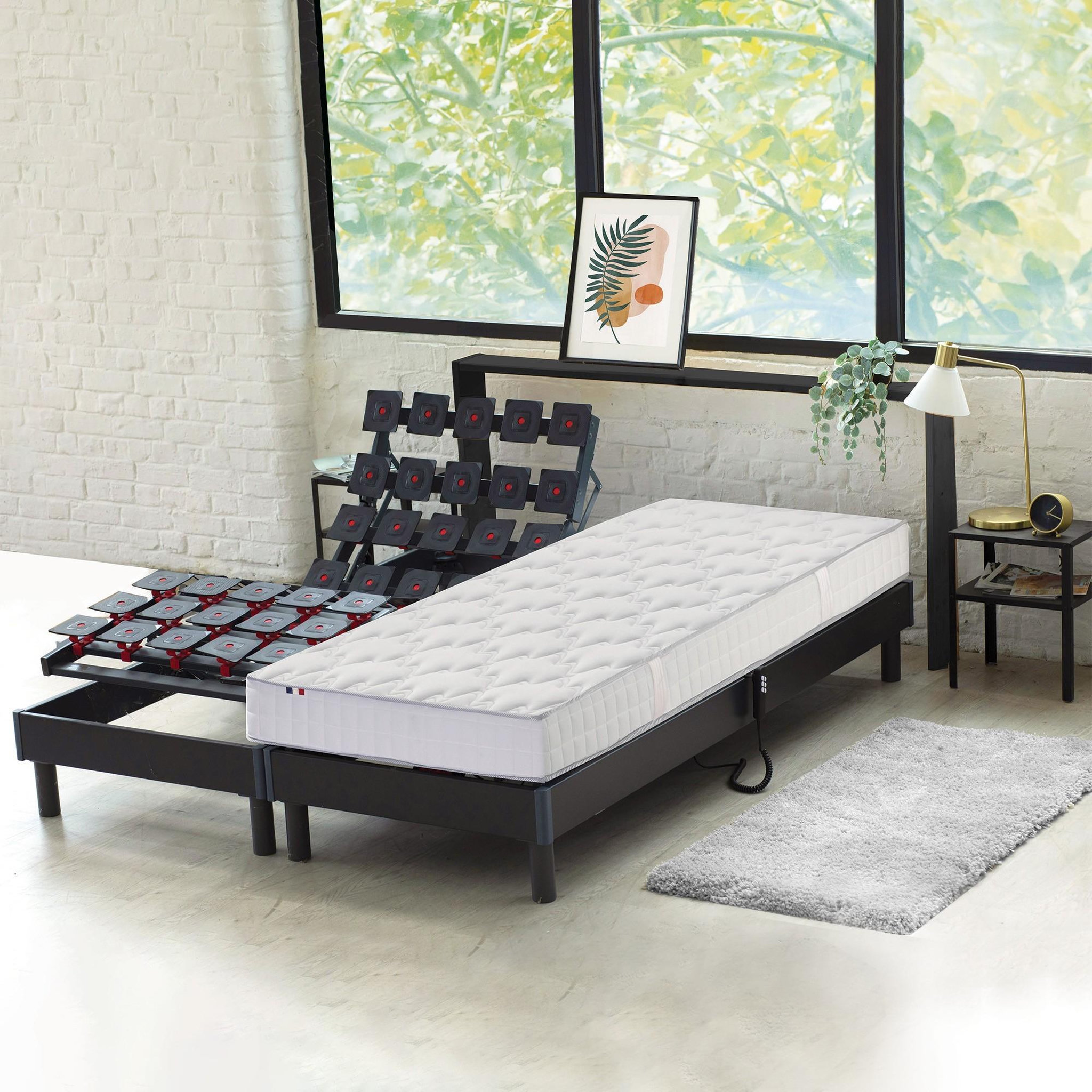 IDLITERIE Ensemble lit electrique à plots réglage fermeté - Matelas 100% latex 5 zones 18 cm