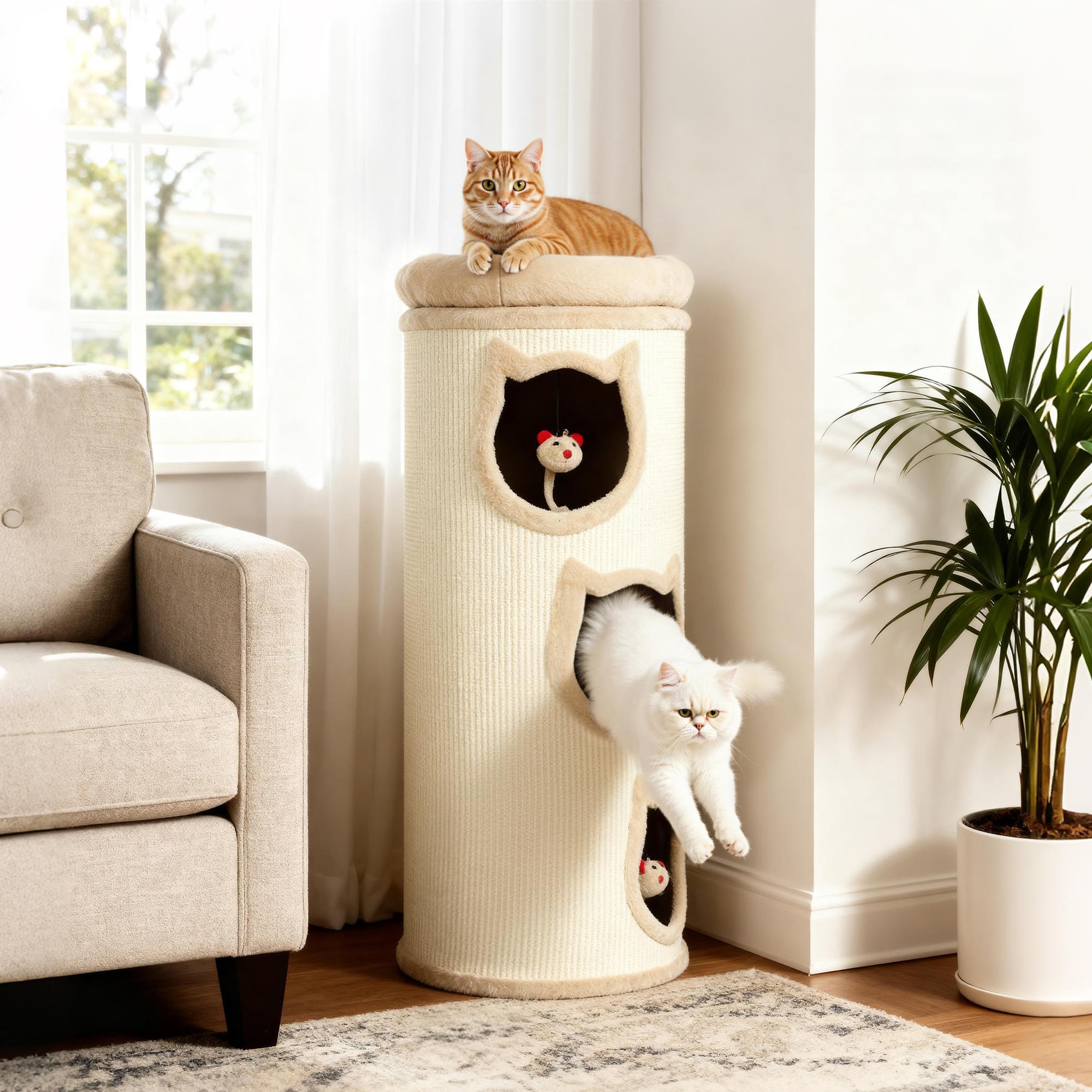 Voir la diapositive 2 : PAWHUT Tour à griffer pour chat - arbre à chat - 3 niches, 3 jouets, panier haut - sisal peluche beige
