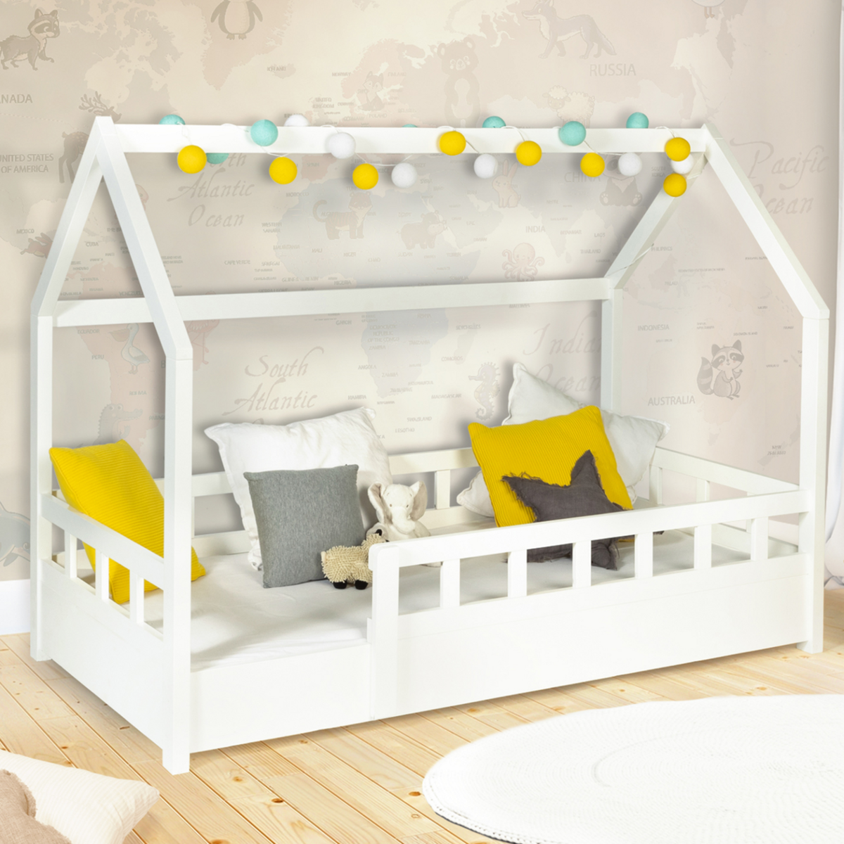 ID MARKET Lit cabane enfant 80 x 160 CM NEREE blanc avec sommier et barrières