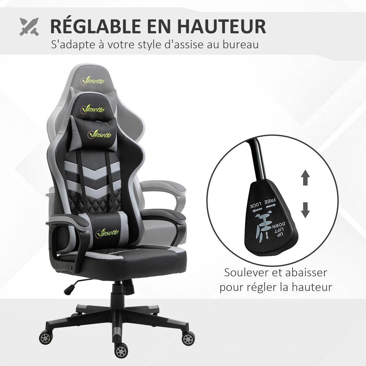 VINSETTO Chaise de bureau gaming réglable - coussin lombaires et tétière inclus - fonction bascule verrouillable - noir gris