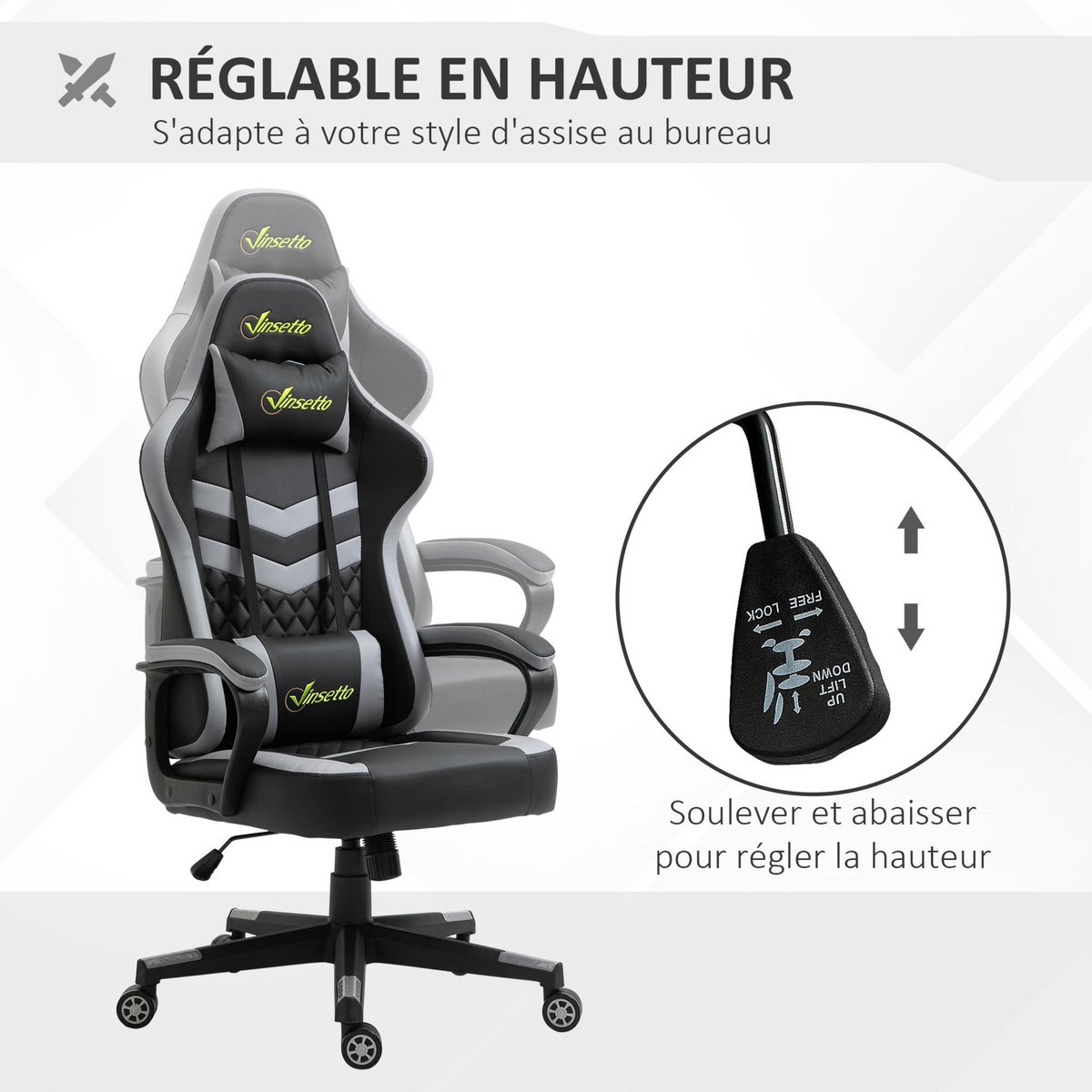 VINSETTO Chaise de bureau gaming réglable - coussin lombaires et tétière inclus - fonction bascule verrouillable - noir gris