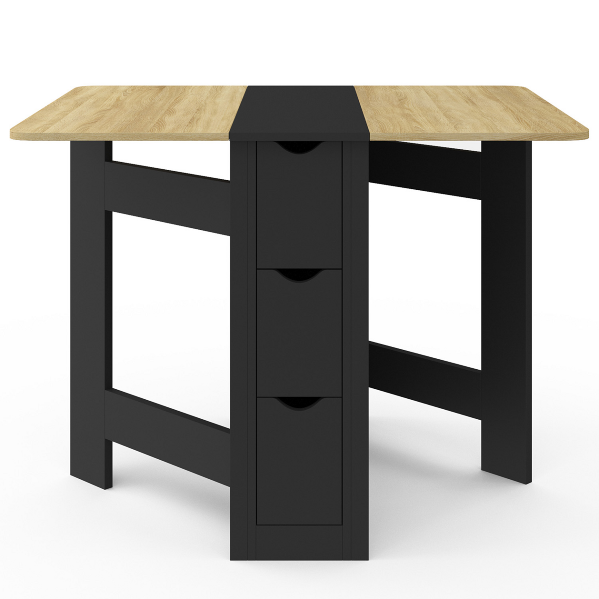 ID MARKET Table console pliable EDI 2-4 personnes avec 3 tiroirs noirs plateau façon hêtre 103 x 76 cm