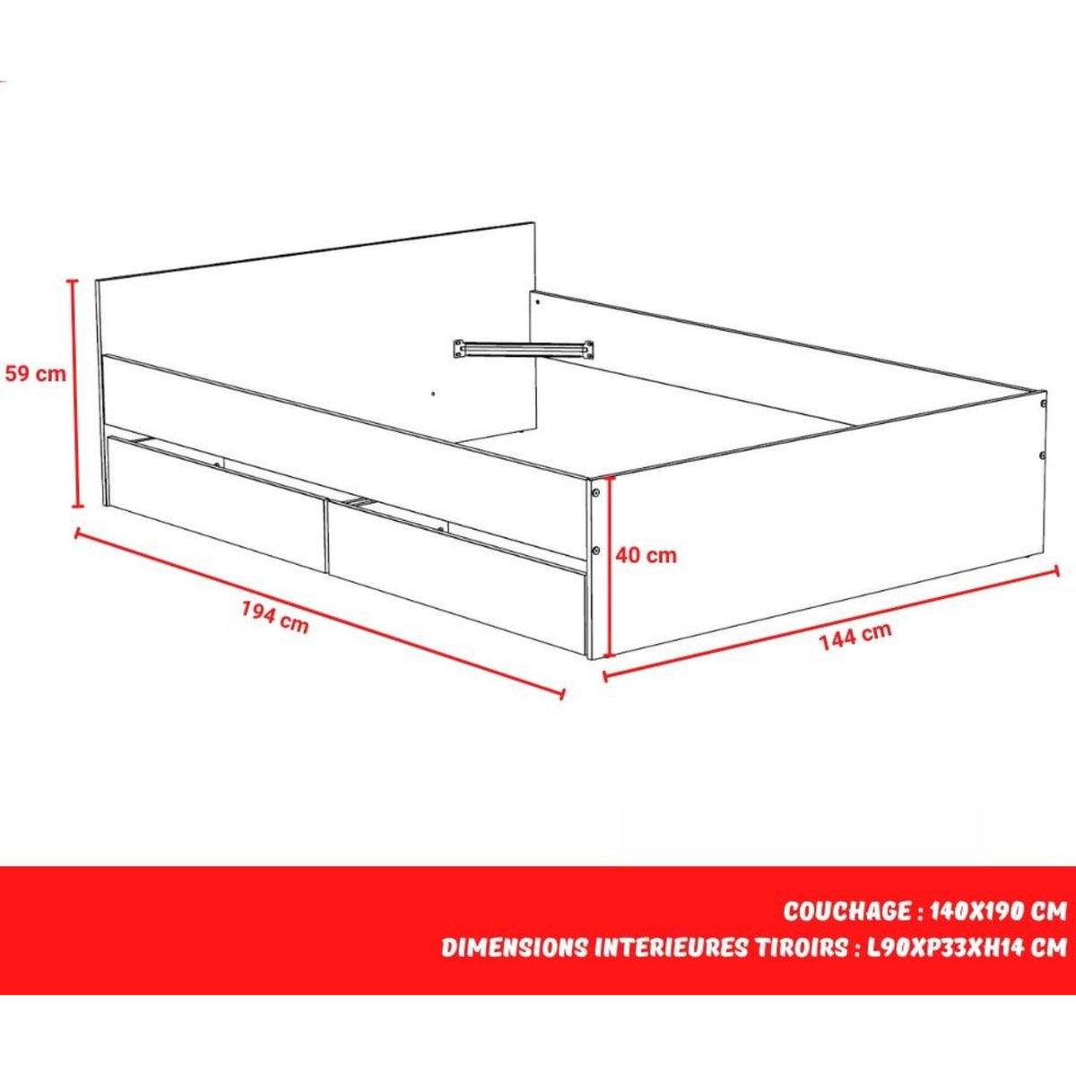 Lit avec rangements 140x190 cm, 2 tiroirs et tête de lit CAMA