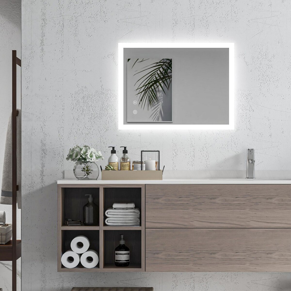 KLEANKIN Miroir mural lumineux LED de salle de bain - 70L x 50l cm - avec 3 couleurs, luminosité réglable interrupteur tactile système antibuée transparent