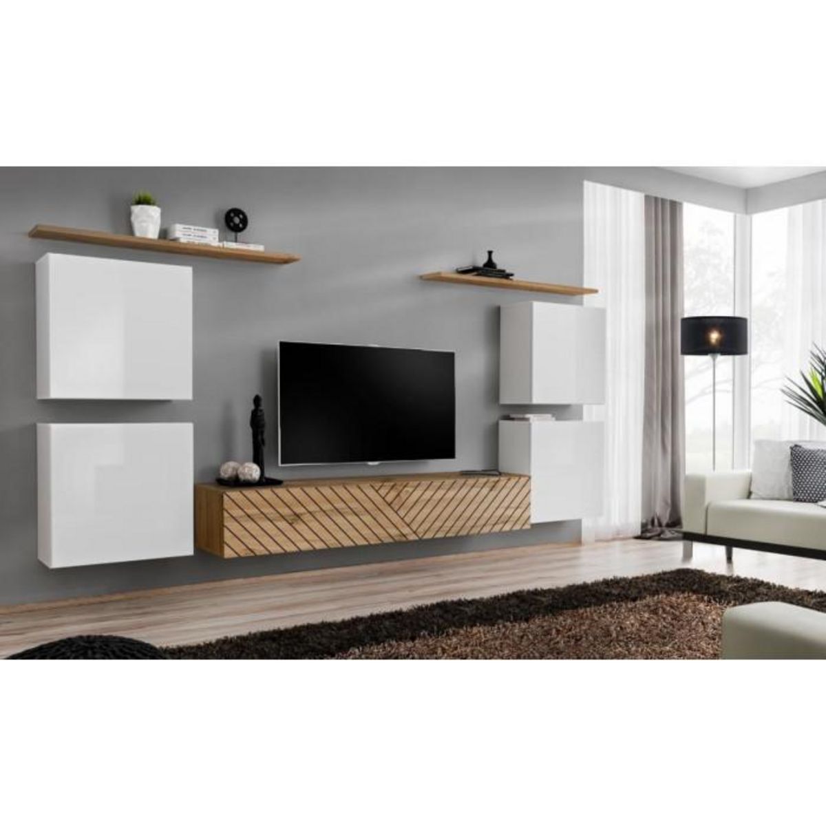 Paris Prix Ensemble Meuble TV  Switch Lamel IV  320cm Naturel & Blanc