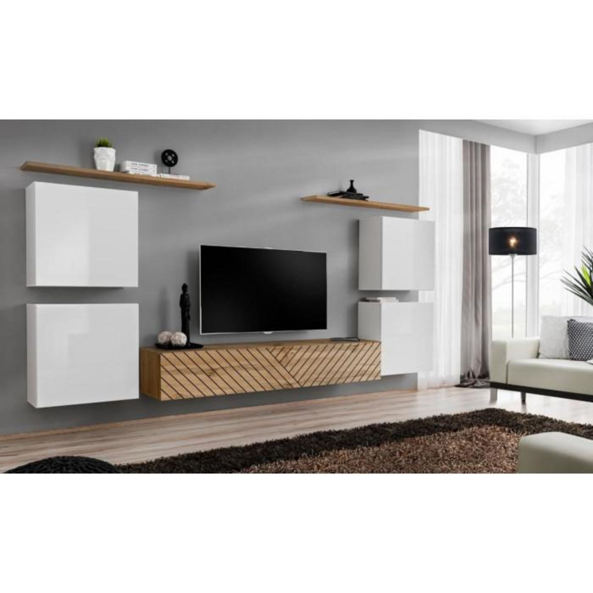 Paris Prix Ensemble Meuble TV  Switch Lamel IV  320cm Naturel & Blanc