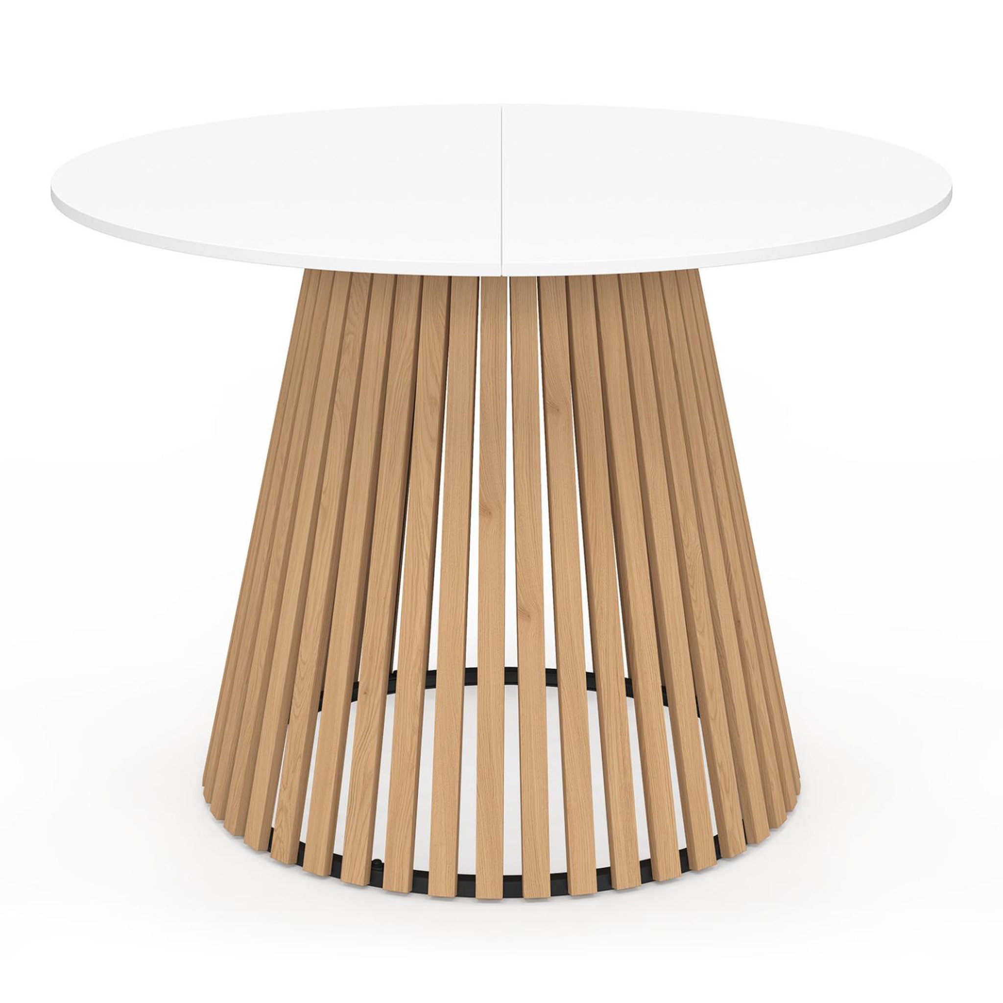 Voir la diapositive 3 : ID MARKET Table à manger ronde carmen 6 personnes pied bois en lattes et plateau bois blanc 110 cm