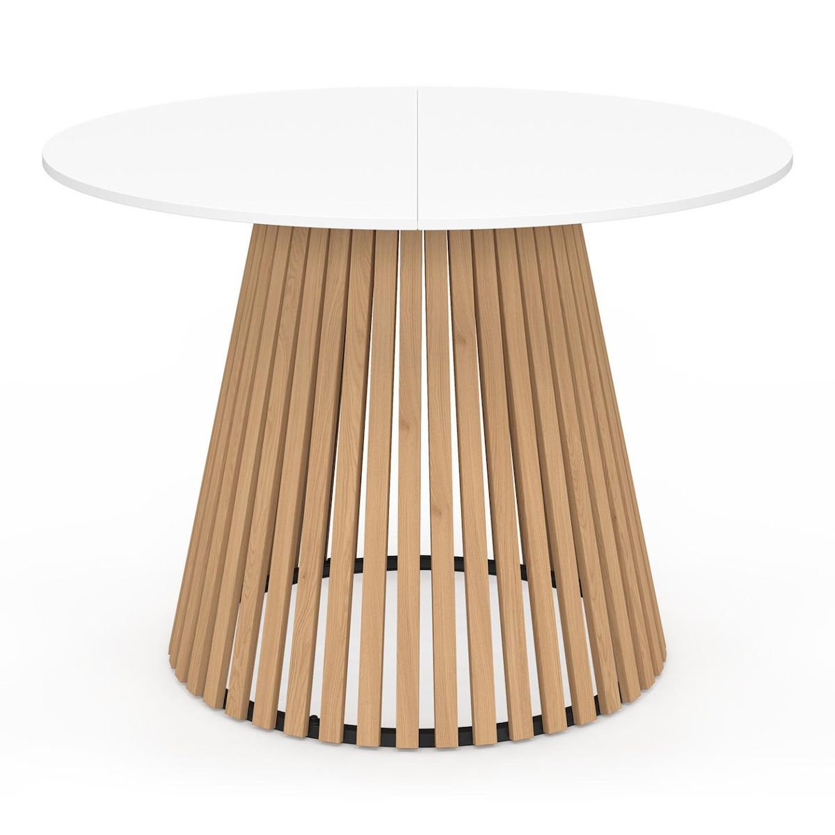ID MARKET Table à manger ronde CARMEN 6 personnes pied bois en lattes et plateau bois blanc 110 cm